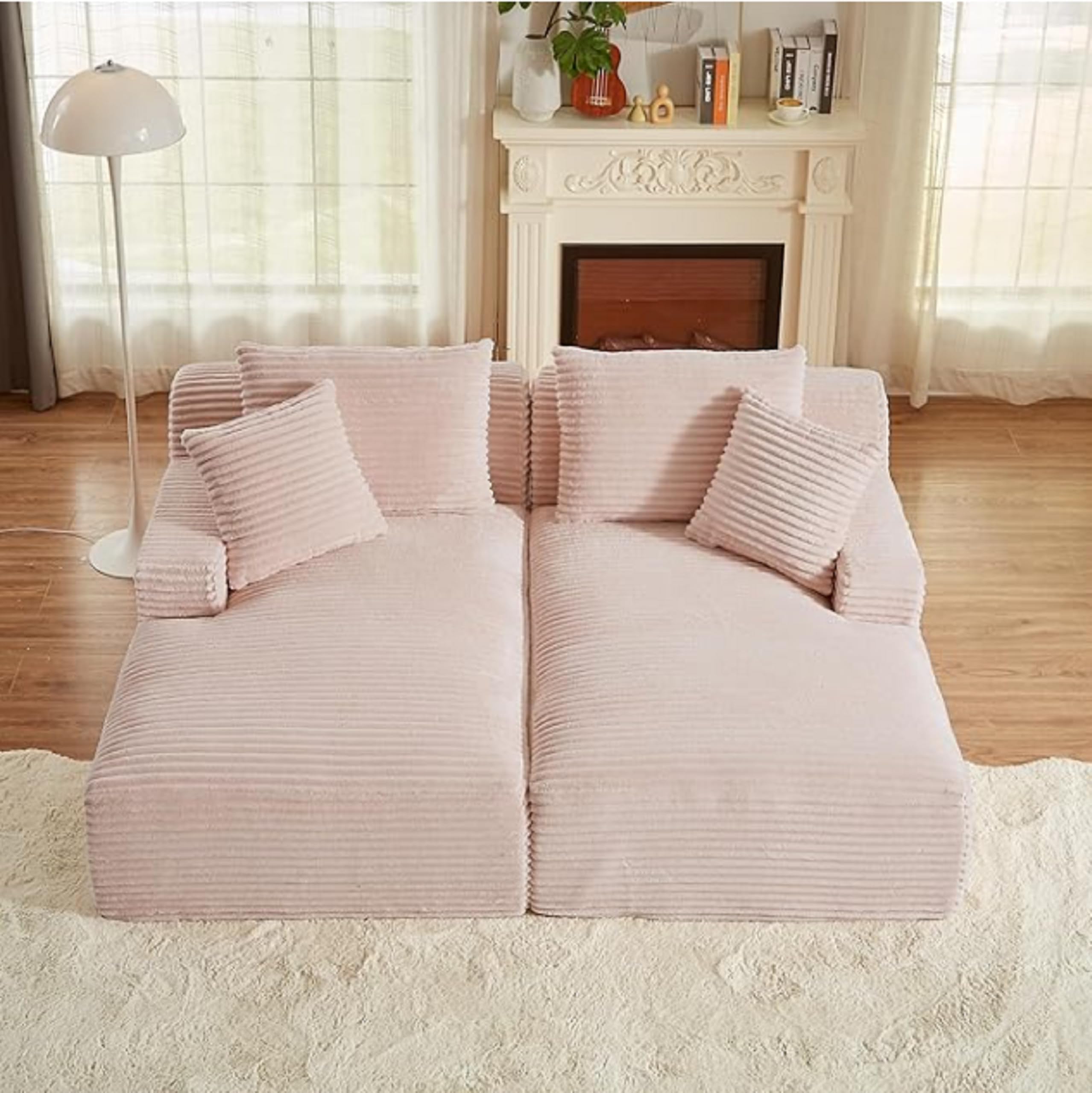 Modern Oversized Fluffy Double Chaise Lounge Sofa Bed with Pillows – Corduroy Loveseat for Living Room (Pink)