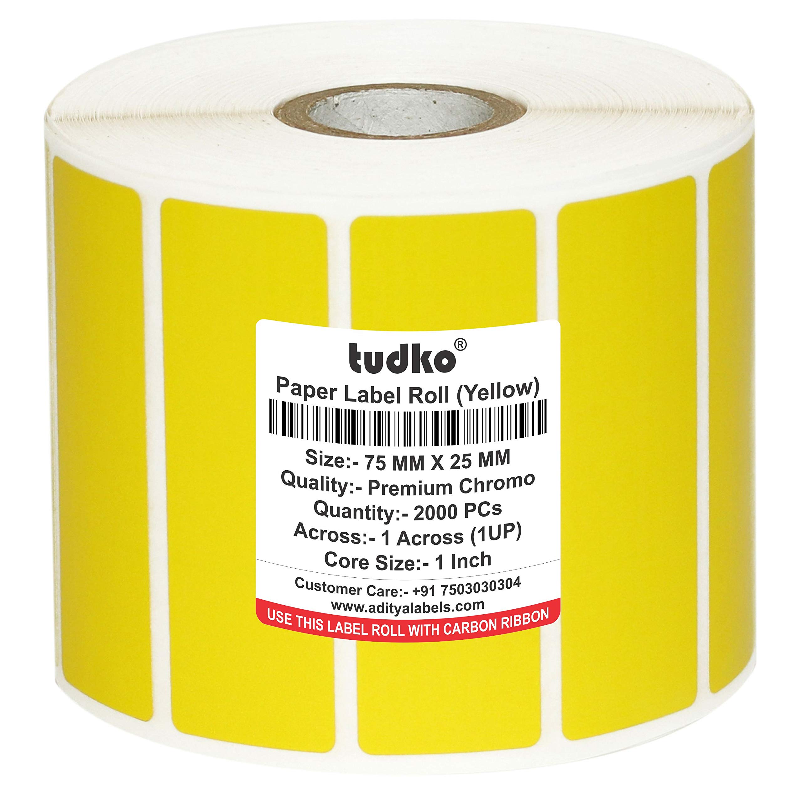 75x25 mm Chromo Self Adhesive Barcode Paper Label Sticker Roll - 1UPs - Pack of 1 roll - 2000 Labels in a roll (Yellow)
