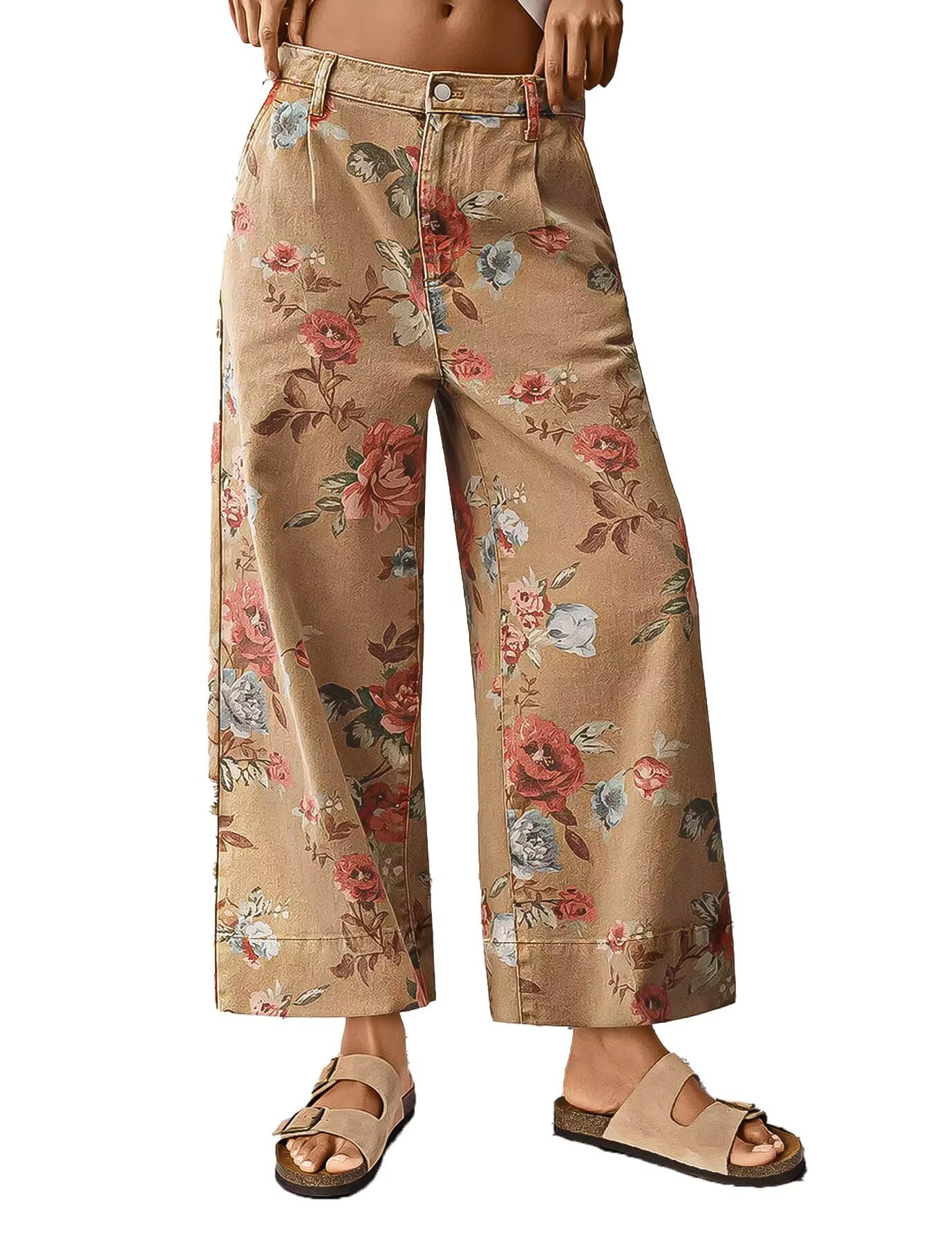 Flamingals Floral Print Wide Leg Cropped Pants for Women Trendy Mid Rise Boho Ankle Cute Jeans