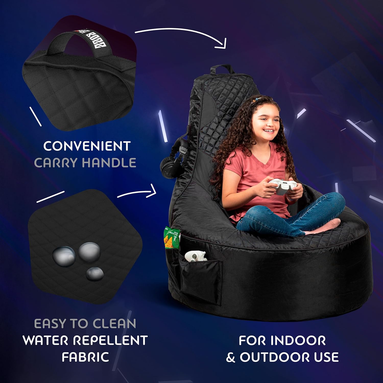Throne Boss Gaming Bean Bag Chair for Kids with High Back – Floor Gaming Chair, Easy to Clean Oxford 420D Fabric, Large Side Pockets, Headphone Hanger – Cover ONLY Add 200 Liters Beans (Black)