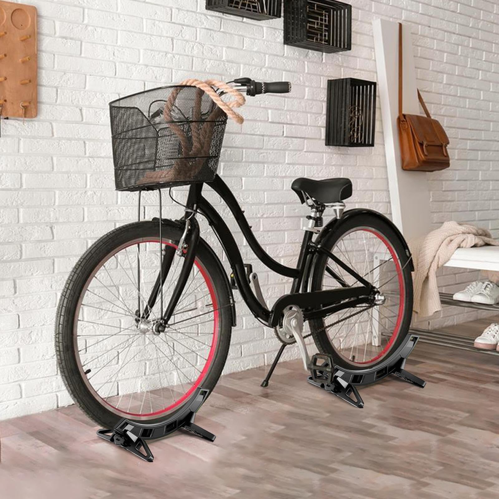 Soporte para bicicletas de suelo - Posibilidad de almacenamiento ajustable para dos ruedas, soporte de suelo para bicicletas, para negocios, garaje, apartamento, hogar, mantenimiento de ruedas