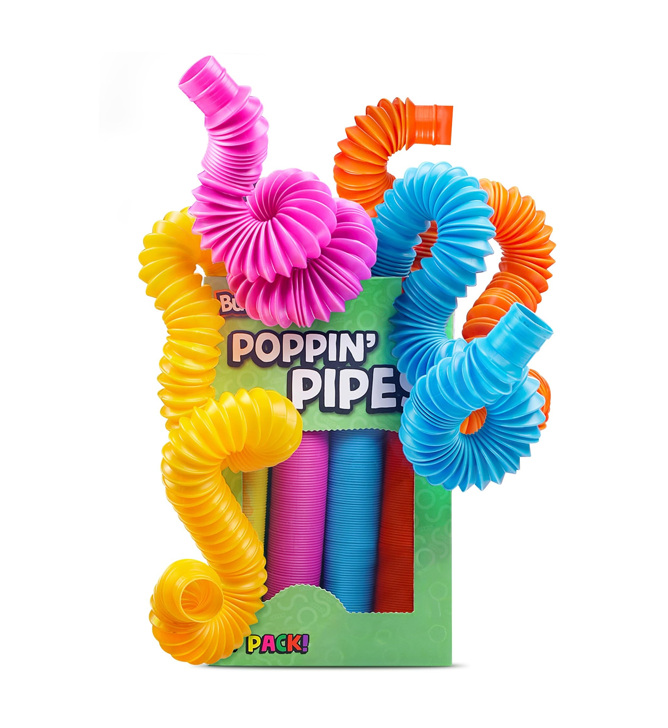 BUNMO Pop Tubes – Large 4-Pack Sensory & Fidget Tubes for Kids 3+ | Stretch, Connect & Pop | Creative STEM Play & Fine-Motor Practice | Vibrant Colors | Non-Mouthable Toy