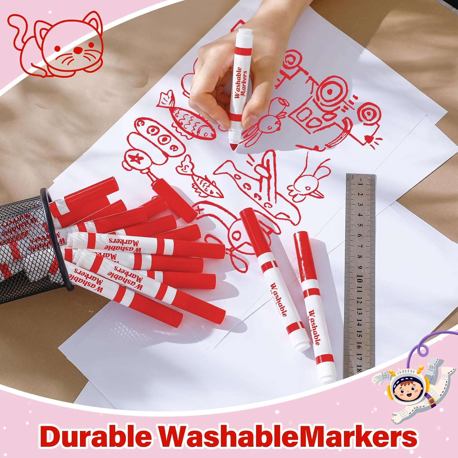 100 Pcs Washable Markers Bulk Broad Line Markers Conical Tip Coloring Drawing Pen for Art Supplies(Red)