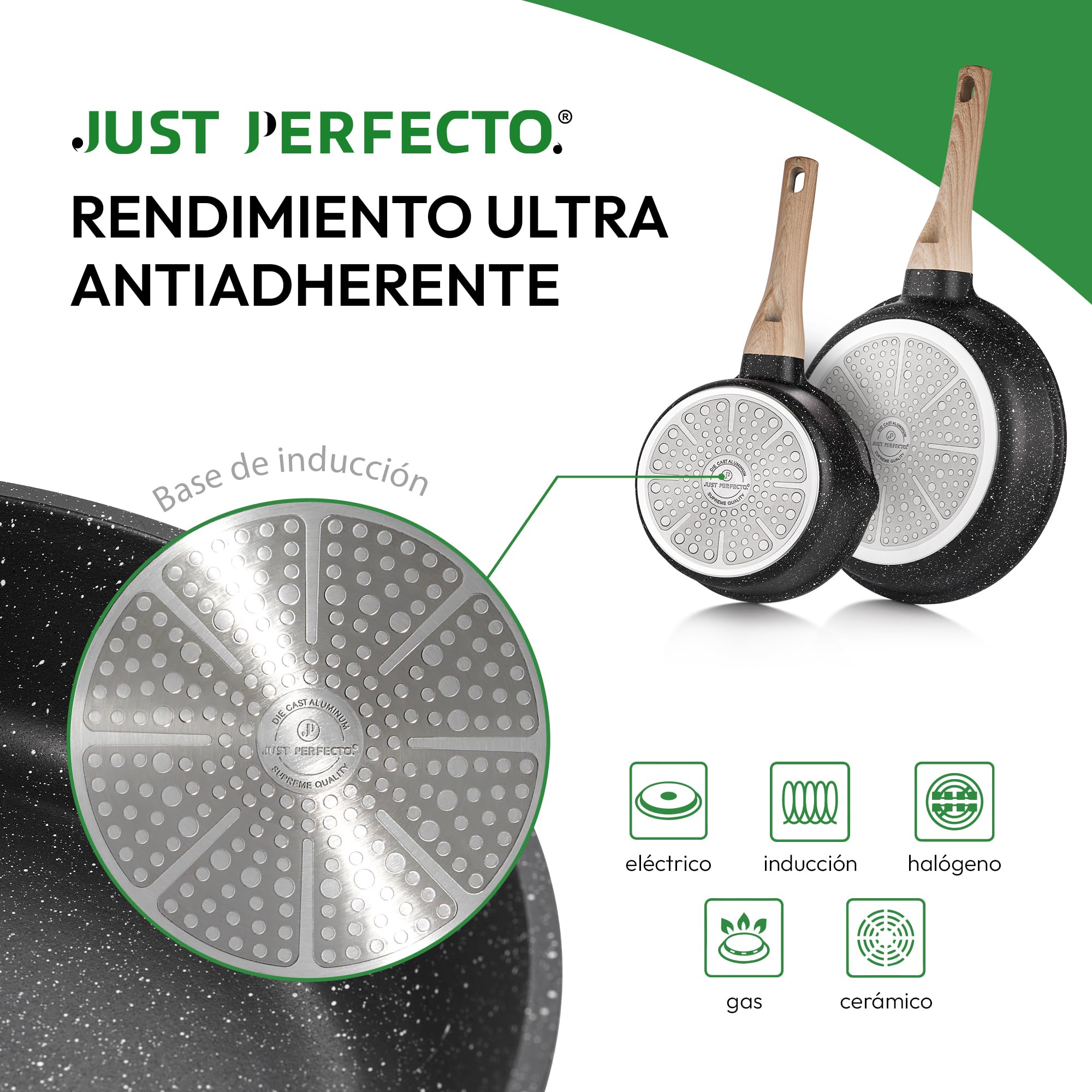 JUST PERFECTO Bateria de Cocina Induccion y Sartenes Antiadherentes - Ollas Cocina 24cm,18cm - Sartenes induccion 24,28 cm - Sartén Hondo con Tapa 24 cm - Cacerolas Para Induccion incluidas Espátula