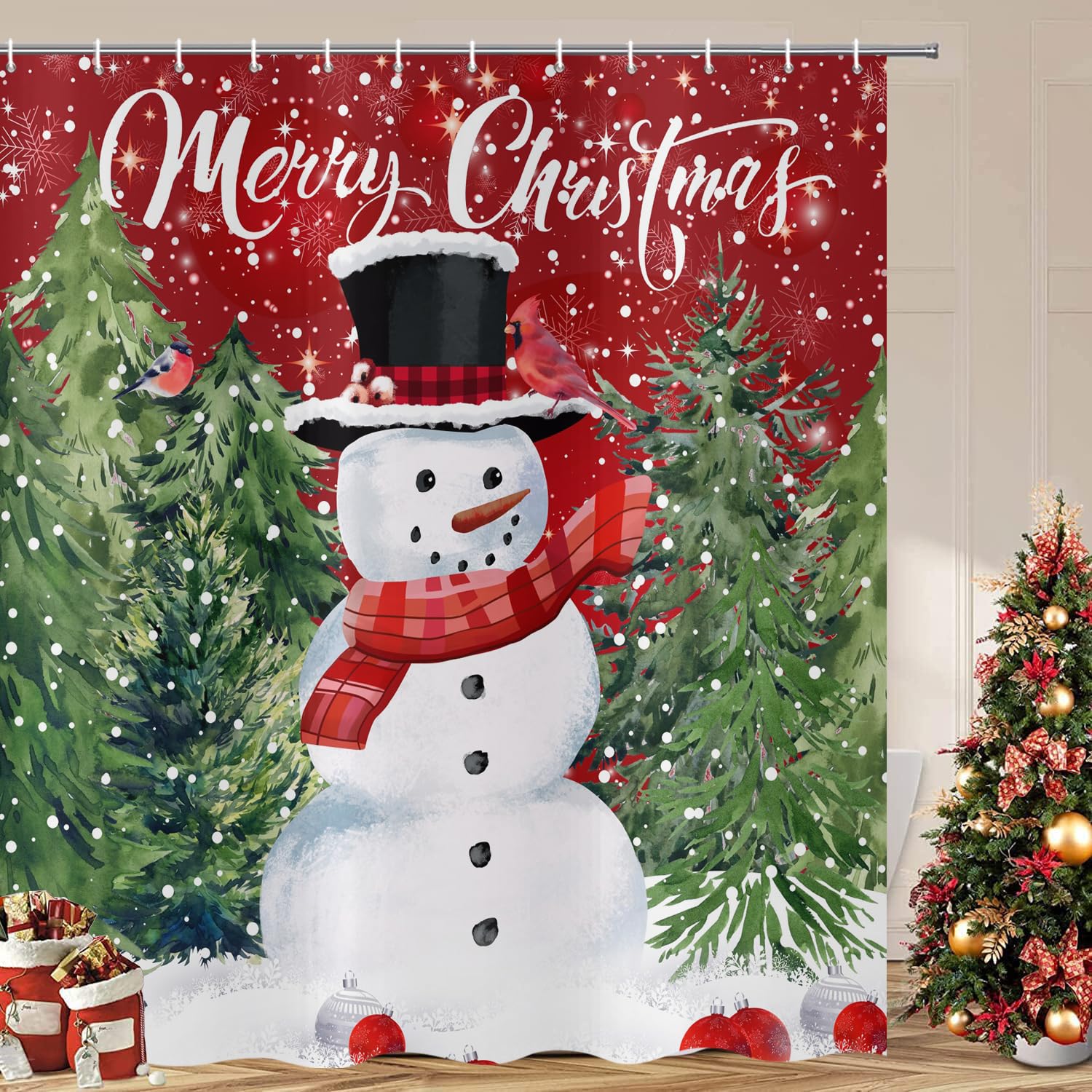 ASDCXZ Christmas Shower Curtain 180 x 180 cm, Winter Snowman Green Christmas Tree Red Xmas Washable Bathroom Shower Curtains Polyester Textile Waterproof Shower Curtain for Bathtub with 12 Hooks