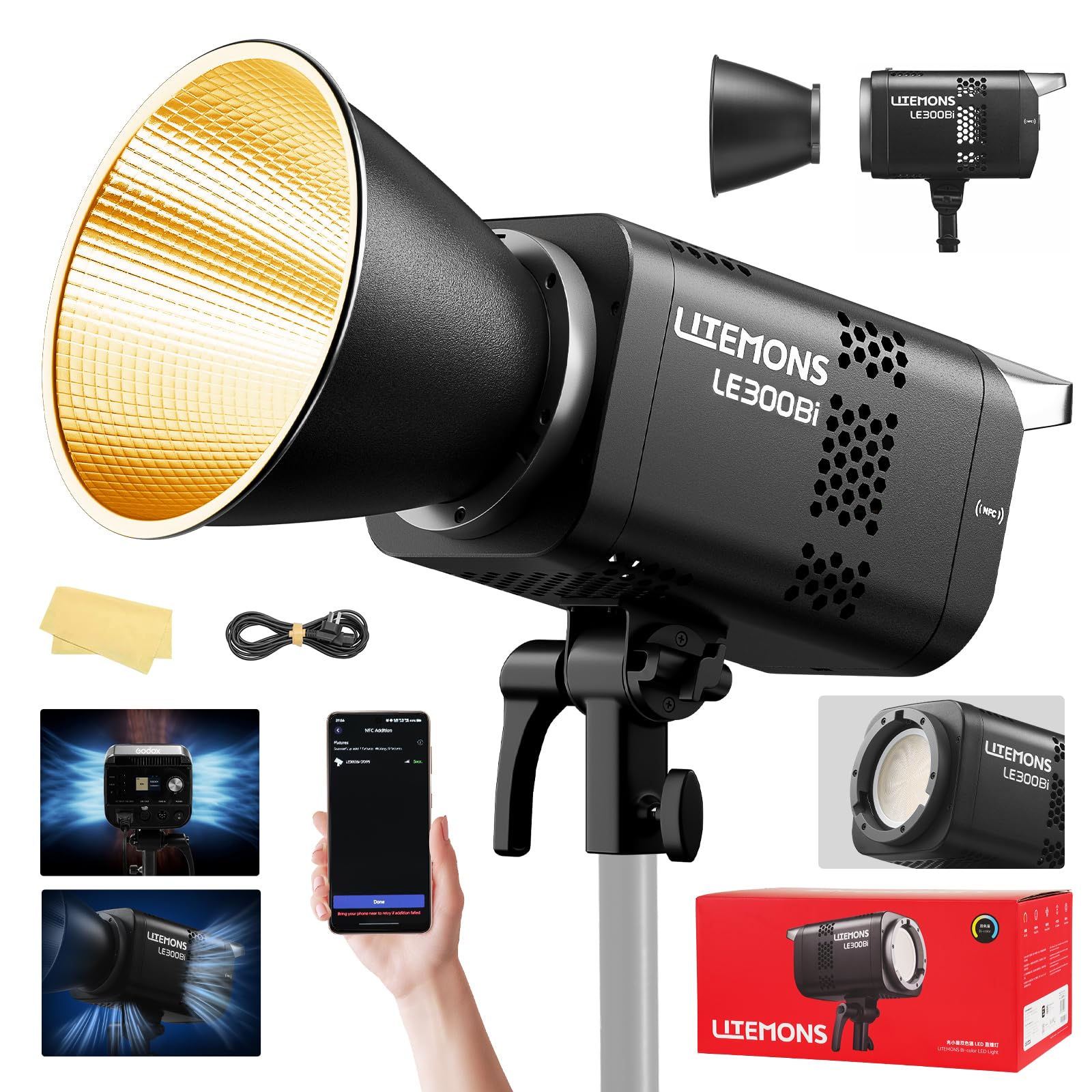 Godox Litemons LE300Bi LE300 Bi Luz Continua LED Video Light 320W 2800K~6500K 58900 Lux/1m TLCI/CRI≈98 Control Bluetooth 11 Efectos FX Montura Bowens Luz de Vídeo para Vlogging Live Youtube (Negro)