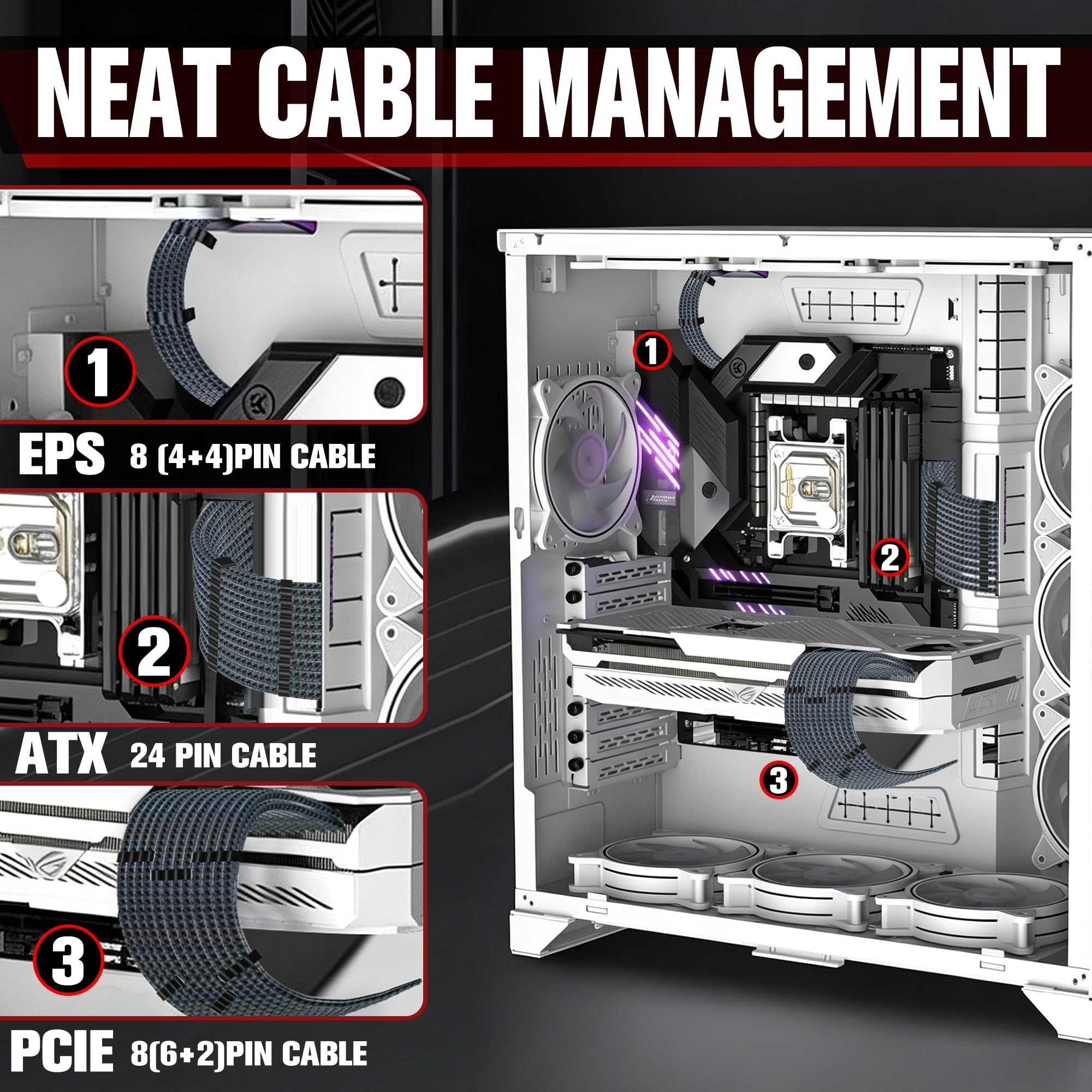 Cavo di prolunga 18AWG PSU GPU PC cavo di alimentazione intrecciato, 1x24Pin ATX/1x8Pin (4+4) EPS/2x8Pin (6+2) PCIE Extension Cable -30CM