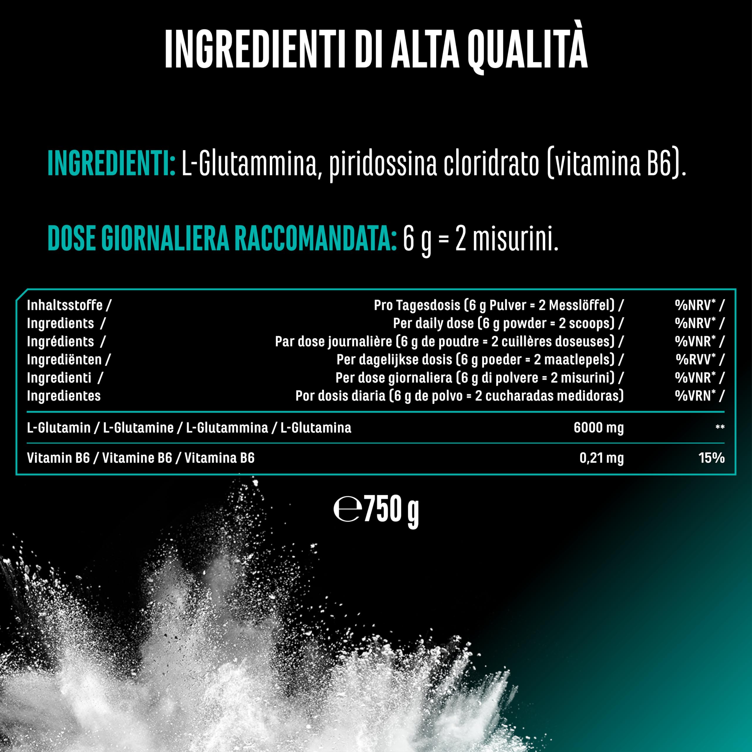 L-Glutammina in polvere - 750 g - Premium: pura e ultrafine senza additivi - 100% aminoacido L-Glutammina micronizzato - Neutro non aromatizzato - Altamente dosato - Vegan