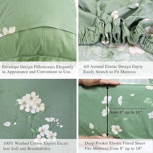 Miniatura 4 de Juego de sábanas florales tamaño Queen, juego de sábanas de algodón ultrasuave y transpirable con sábana bajera de bolsillo profundo, sábana