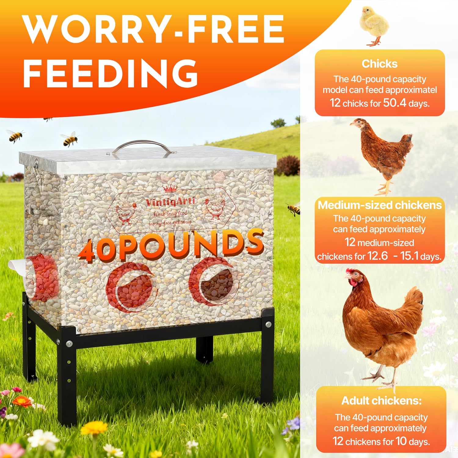40Lb Automatic Chicken Feeder - No Waste Metal Chicken Feeders 6 Port Metal Silo with Locking Lid, Rat & Rodent Proof Weatherproof Design, Adjustable Legs for Poultry Outdoor Coop & Backyard Chickens