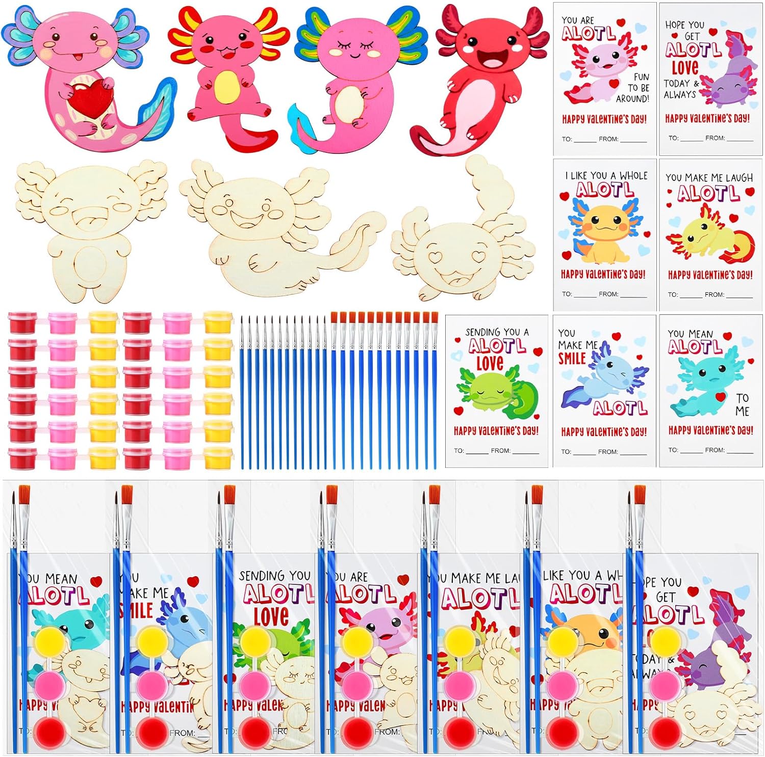 Leinuosen 28 Sets Valentine's Day Axolotl Party Favors Wood Painting Craft Kits with DIY Art Supplies and Cards for Birthday Party Goodie Bag Fillers Prizes Exchange