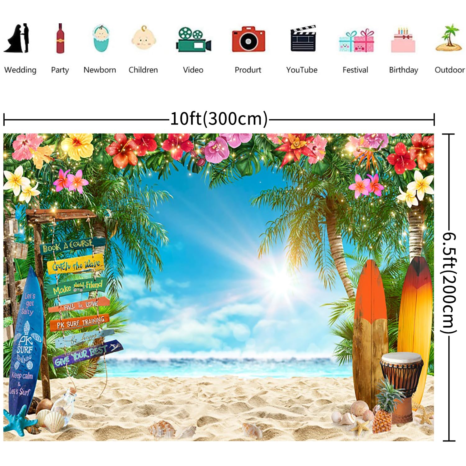 3x2m Telón de Fondo Playa Verano Tropical Palm Tree Flor Tabla de Surf Street Sign Azul Cielo Fotografía Fondo Boda Cumpleaños Hawaiian Luau Aloha Fiesta Decoraciones Photo Booth Props