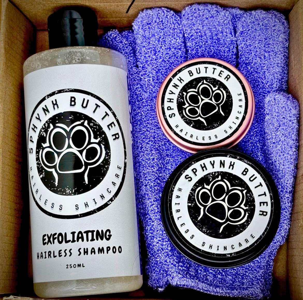 Sphynx Butter Hairless Cat Skincare Starter Bundle for Sphynx Cats, 50g Moisturiser, 20g Paws & Toes Balm, 250ml Exfoliating Shampoo, 1 Pair of Exfoliating Gloves