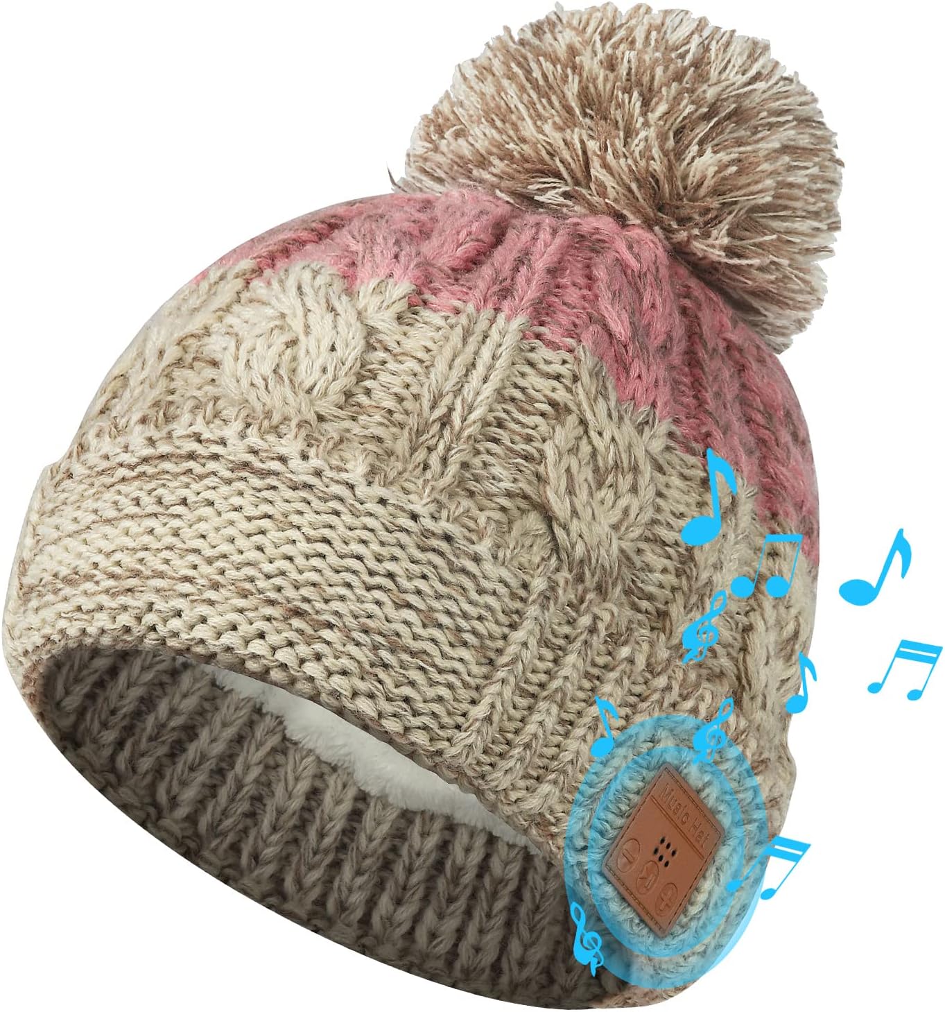 Bluetooth Beanie with Light, HD Stereo Sound, USB Rechargeable Headlamp for Hiking Fishing, Gift for Men Women Teen Bluetooth Khaki & Pink