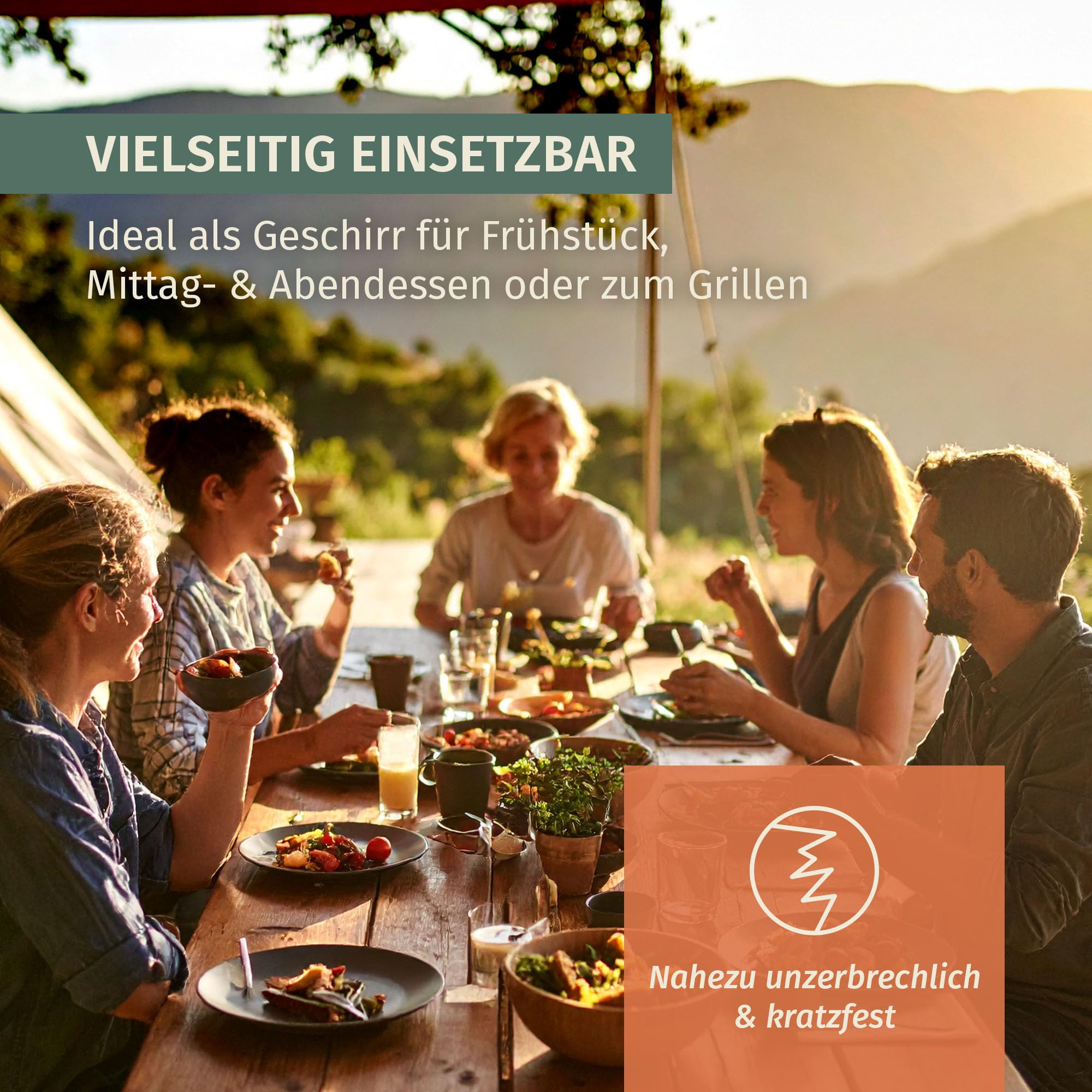 Camping tafelservies van melamine voor 4 personen, 12-delig, vaatwasmachinebestendig, picknickservies, campingservies, steengroen design