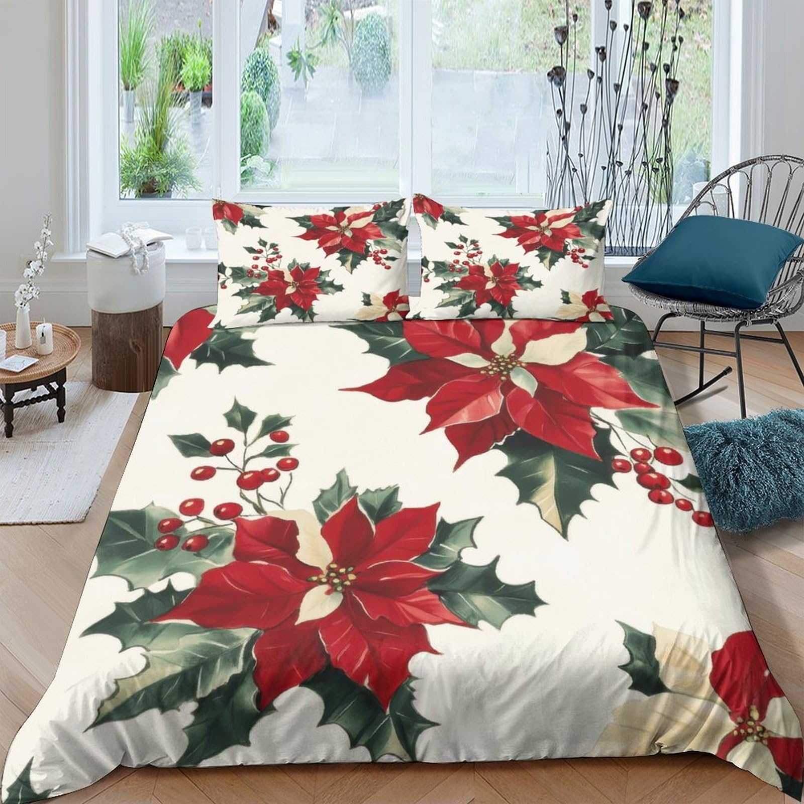 Ctjqhvkz Style-8 3D Printed Red Poinsettia Fitted Sheet Microfiber Soft Christmas Holly Bed Cover For Bedroom Guest Room Mattress Protection Single（135X200cm）
