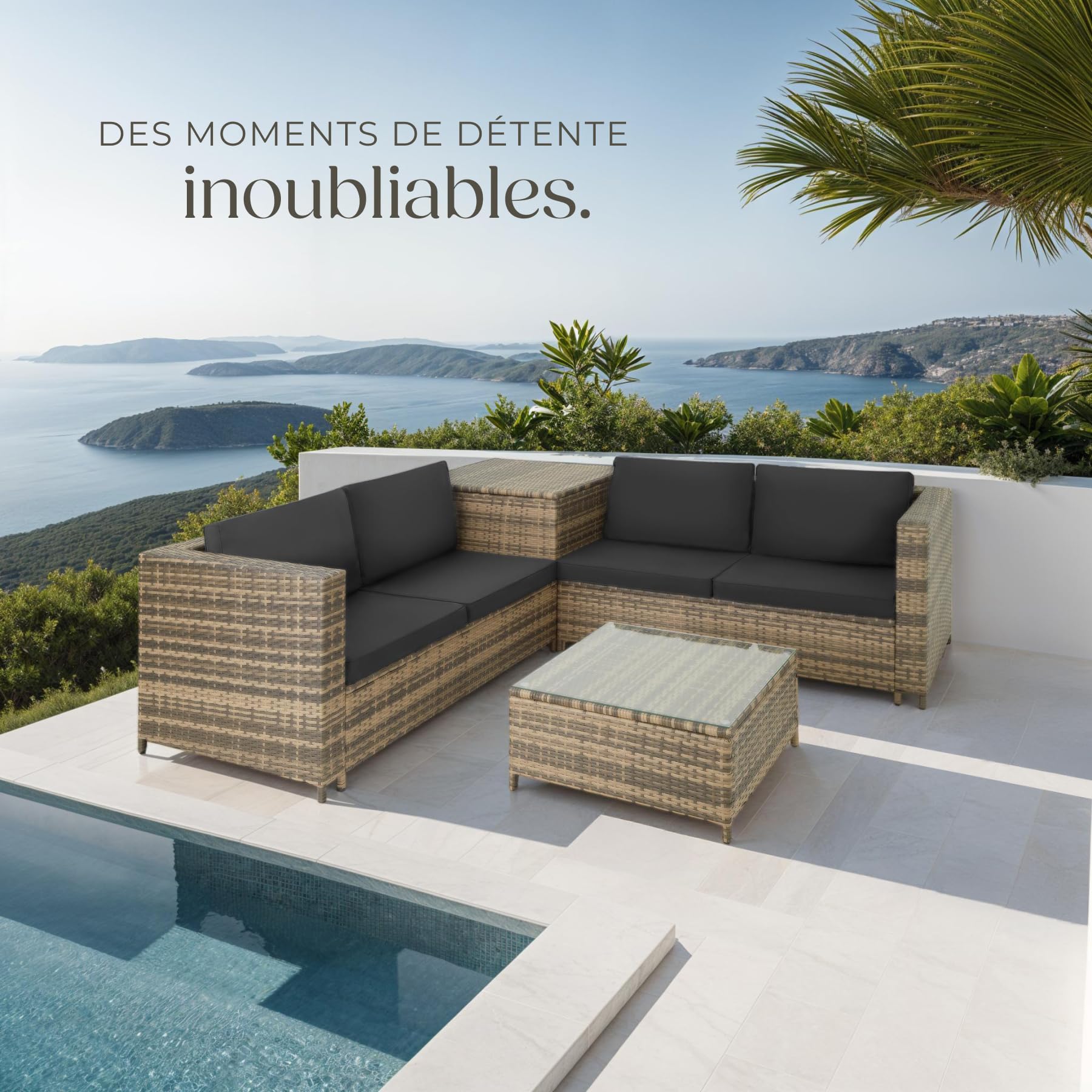 tectake® Ensemble Salon de Jardin Exterieur en Poly Rotin 4 Personnes, 2 Canapés modulables, Coffre de Rangement et Table de Jardin en Verre Inclus, Mobilier de Jardin pour Amenagement Balcon