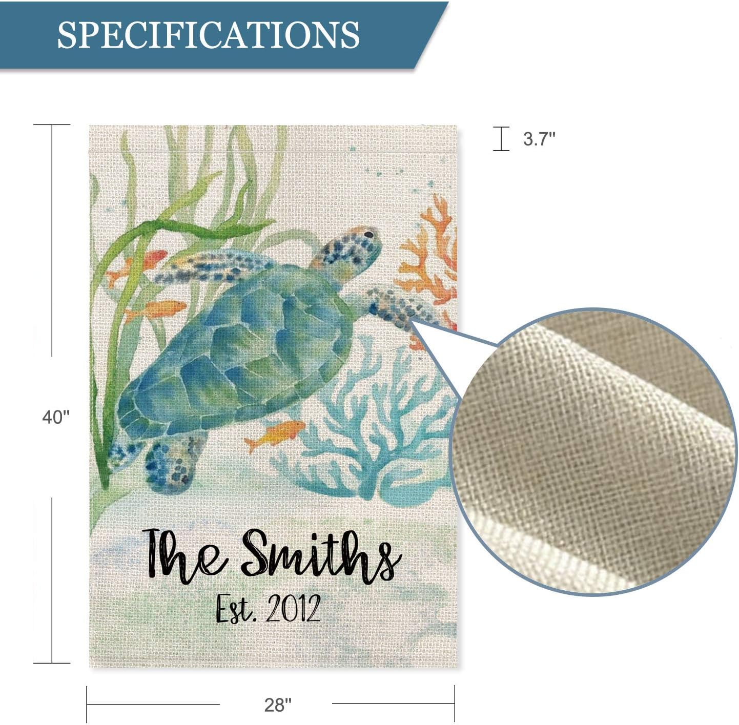 Smile Personalized Summer Spring House Flag, Sea Turtle Customized Family Name and Year, Double Sided 28 x 40 Inch Rustic Farmhouse Burlap Yard Outdoor Decoration