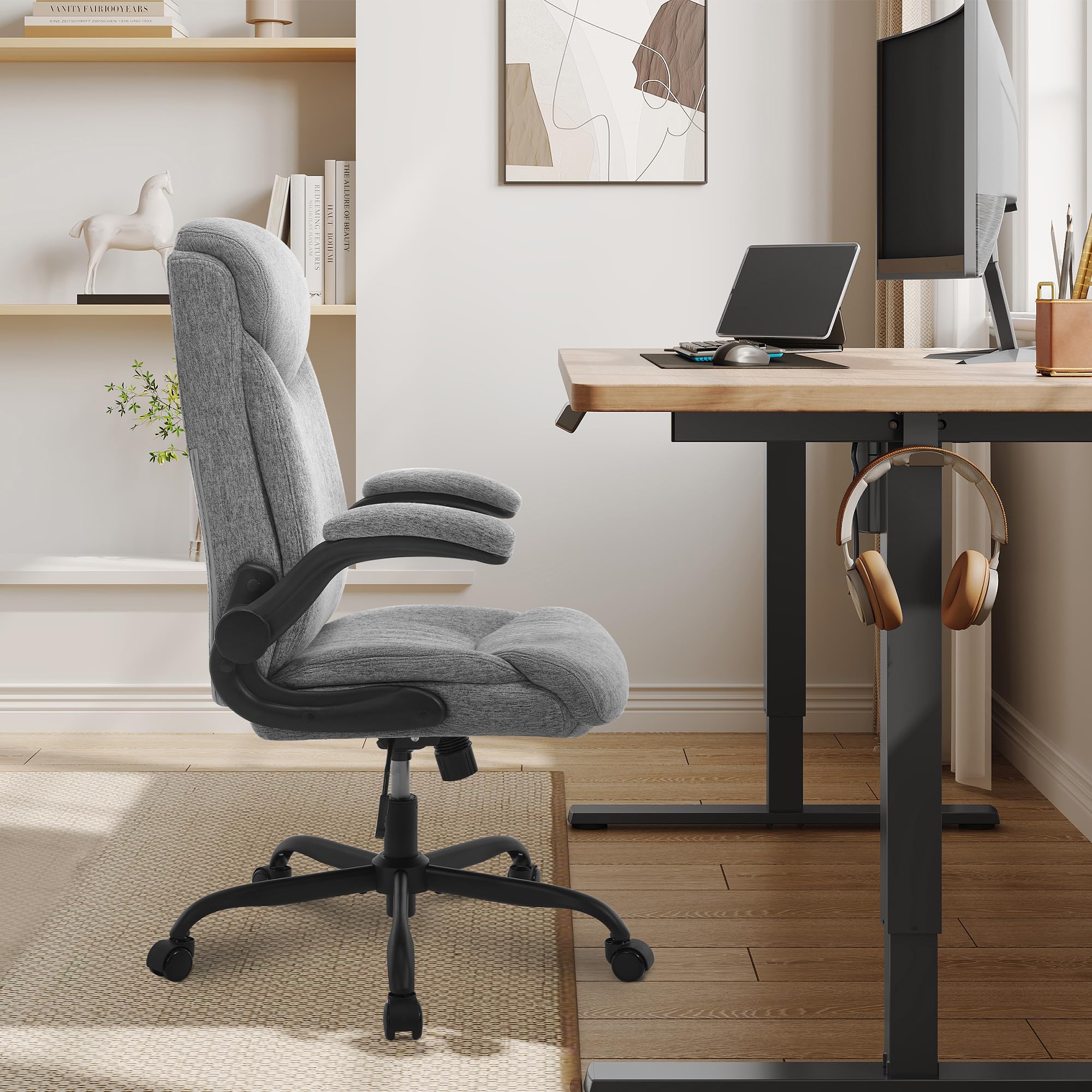 eSituro Poltrona Ufficio Ergonomica, Sedia Ufficio, Cotone Lino, Grigio | con Bracciolo Ribaltabile, Regolabile in Altezza