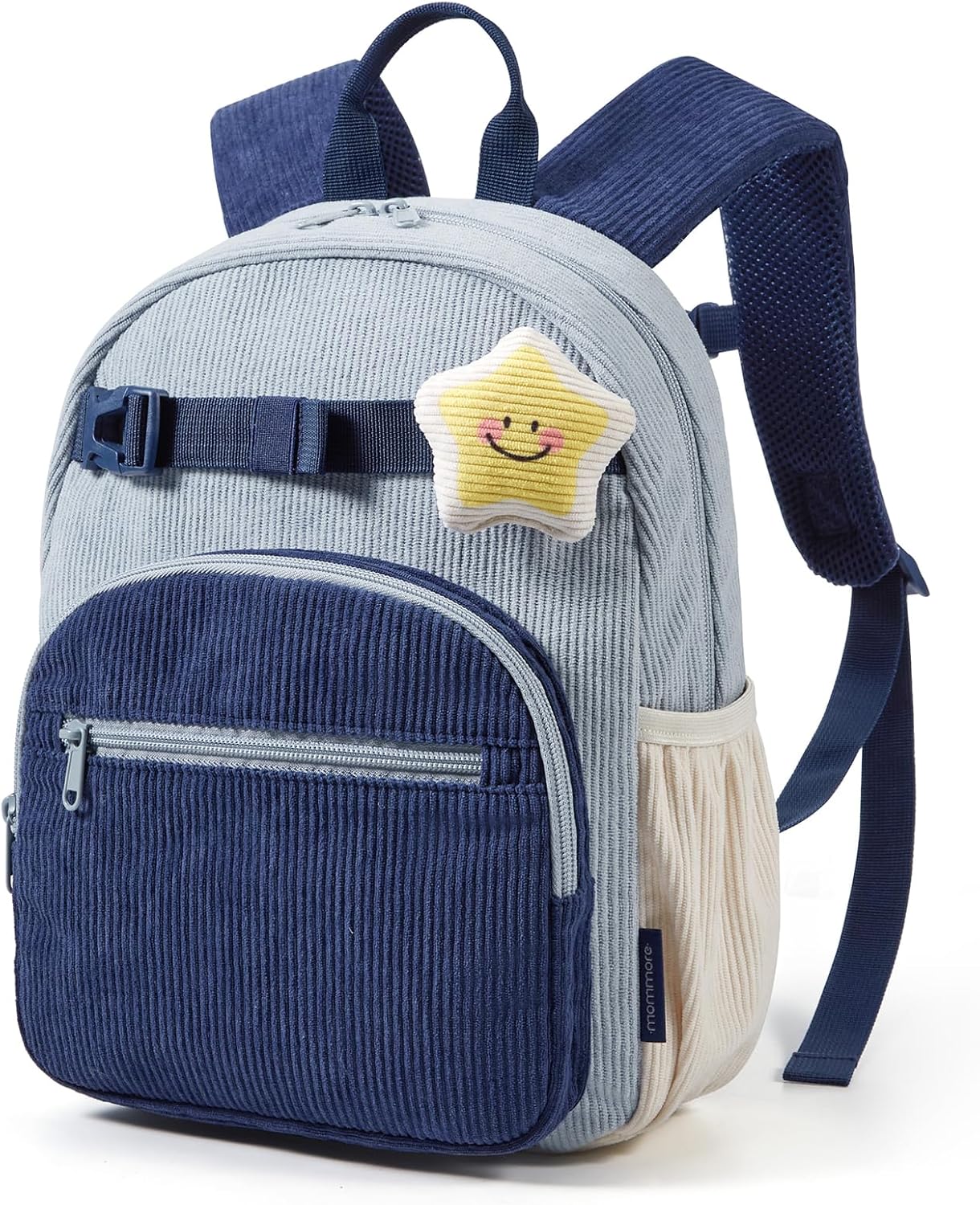 mommore Toddler Backpack for Boys 2-4, Corduroy Kids Backpack, 13" H Cute Preschool Kindergarten Daycare School Bag for Boys - Light Blue&Navy