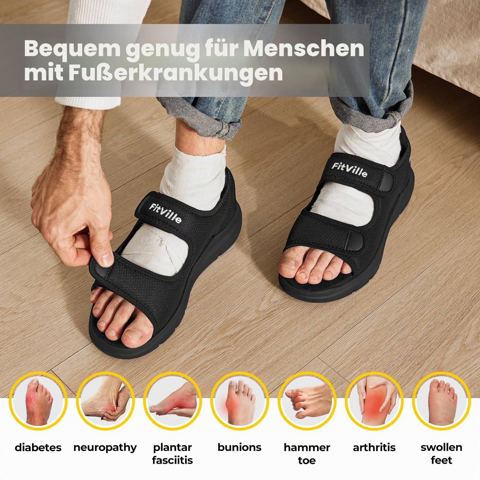 FitVille Weit Offene Diabetiker Sandalen Herren Orthopädische mit Klettverschluss Verstellbare Gesundheitsschuhe Verbandschuhe bei geschwollene Füße Reha-Schuhe Ödeme Hausschuhe