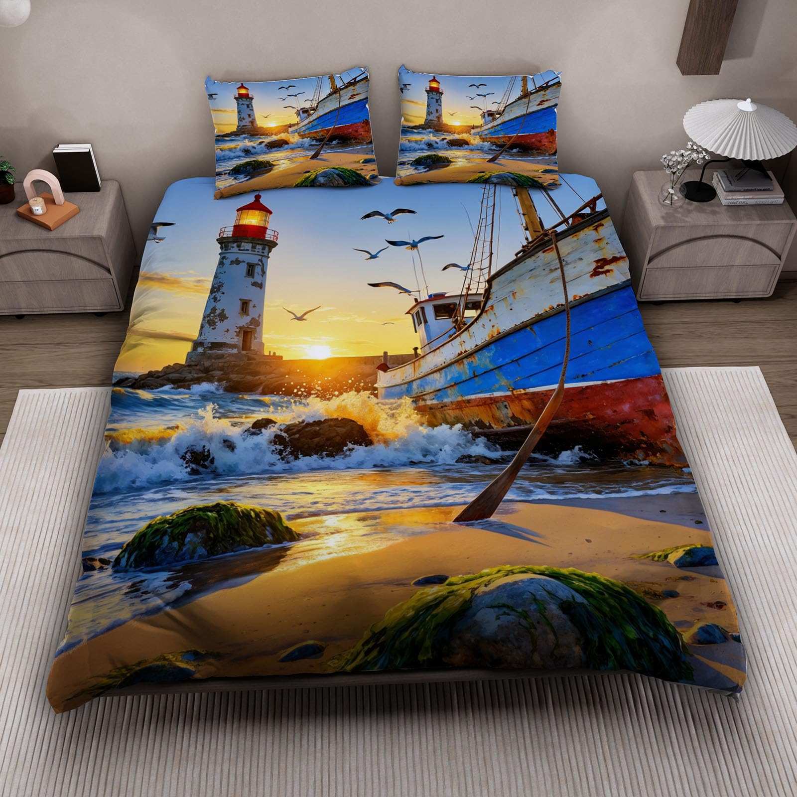 Housse de couette phare 1 personne 140x200cm maritime avec taie