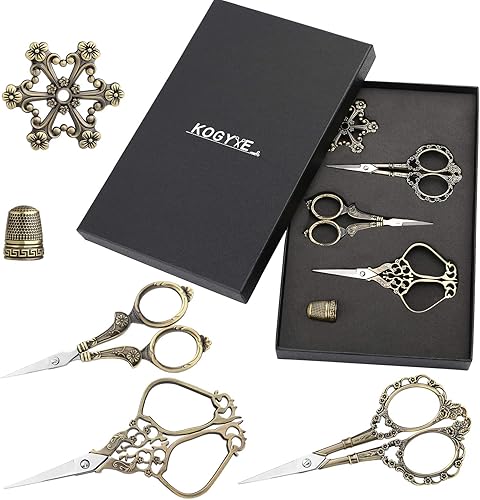 3 pares de tijeras de precisión de acero inoxidable estilo europeo vintage, dedal y bobina de hilo de metal, herramientas completas de costura