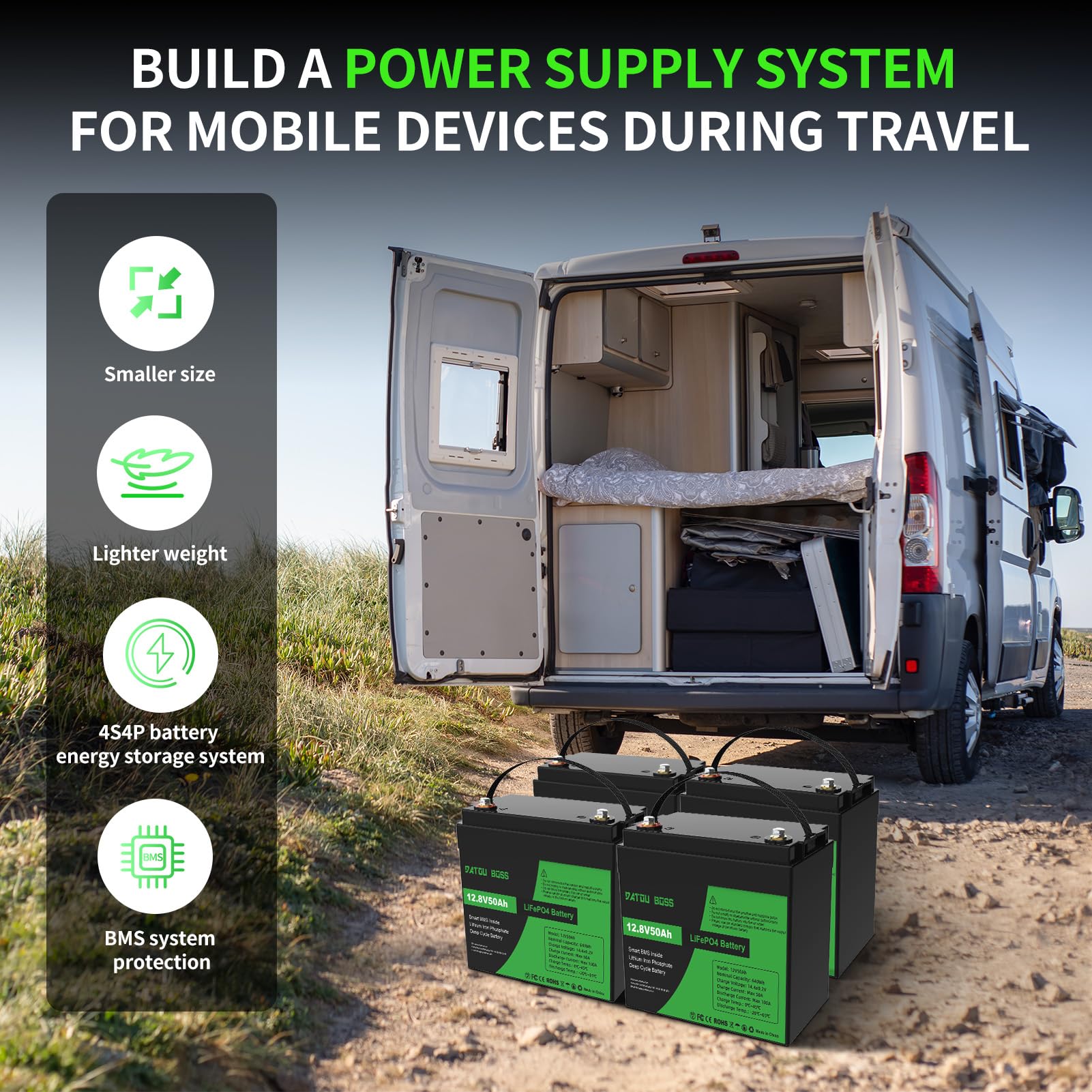 DATOUBOSS 12V 50Ah LiFePO4 Batterie,50A BMS,15000+Zyklen Deep Cycle Lithium Akku MAX 640W Leistung Unterstützung in Serie/Parallelschaltung,verwendet für Wohnmobil, Solar Home System und Boot