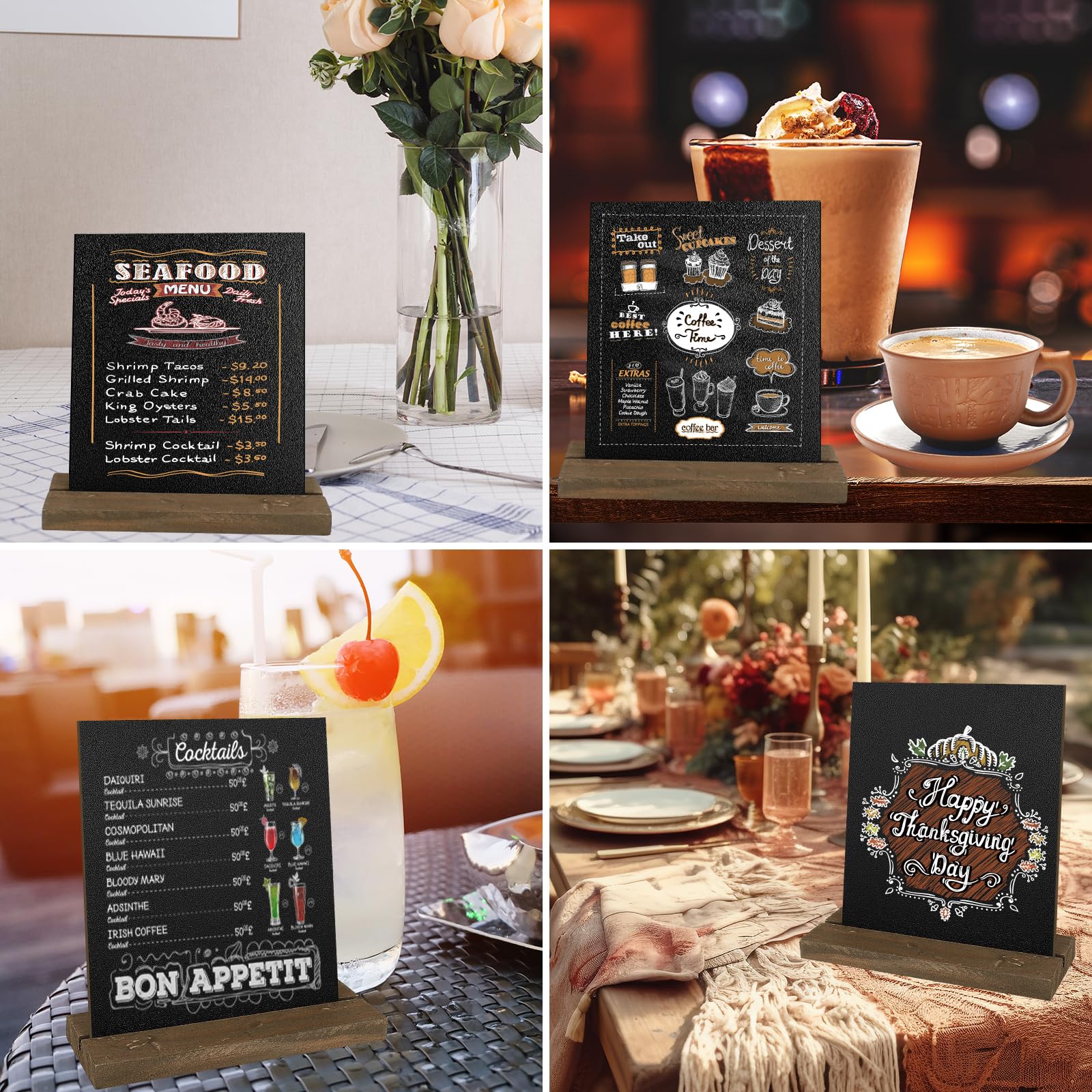 Lot de 8 Tableaux noirs en ardoise avec supports en bois, 3 stylos pour menu de fête et mariage