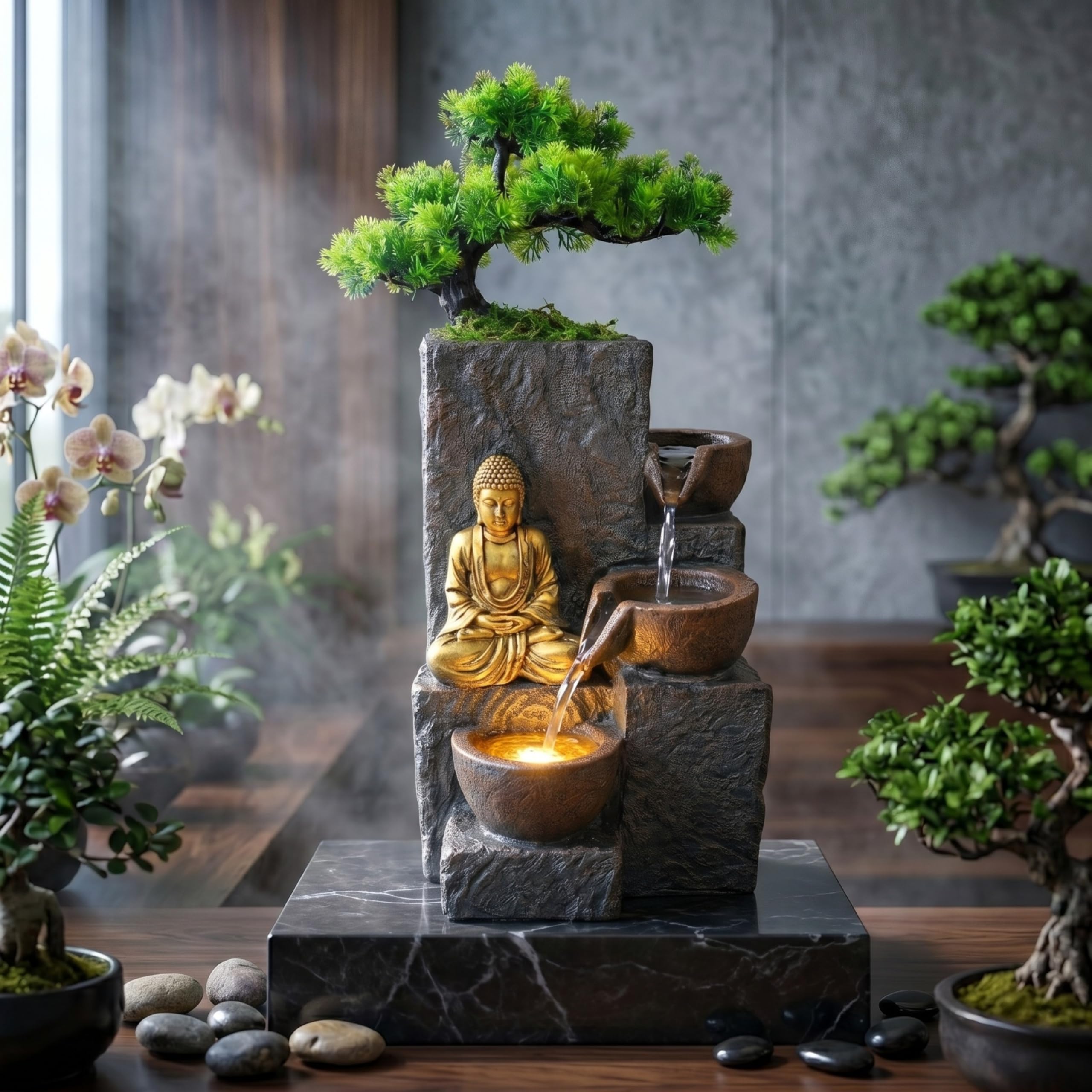 Water Fountain Home Decor - 1.5 Foot Meditating Buddha & Bonsai Planter - Indoor Waterfall Polyresin Electric Tabletop Showpiece Continuous Vastu Wealth Flow Living Room Office Desk Unique Gift-image-9