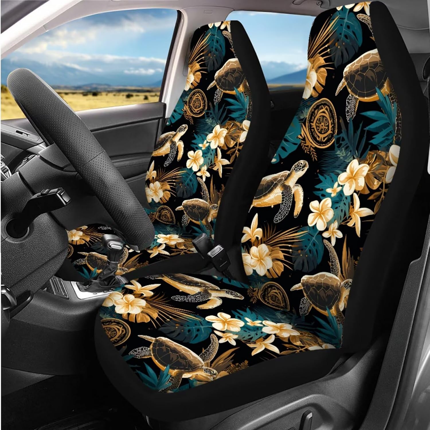 Sea Turtle Tropical Floral Print Car Seat Covers Full Set,Universal Car Steering Wheel Cover/Armrest Cover/Seatbelt Covers/Coasters/Lip Holder/Keychains