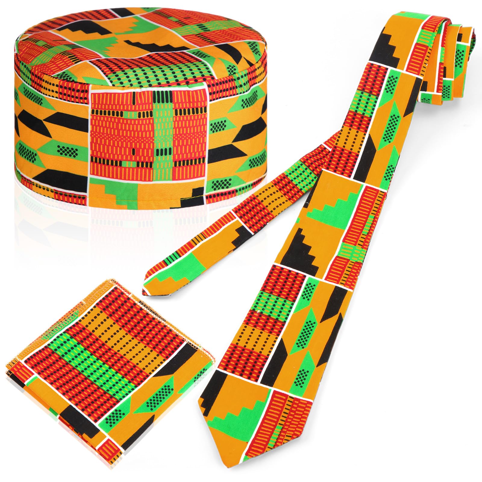 Zoooyawn 3 Pcs African Kente Kufi Hat Kente Tie and Pocket Square Socks Set Black History Month Accessories for Men(Tie, Pocket Square and Hat)
