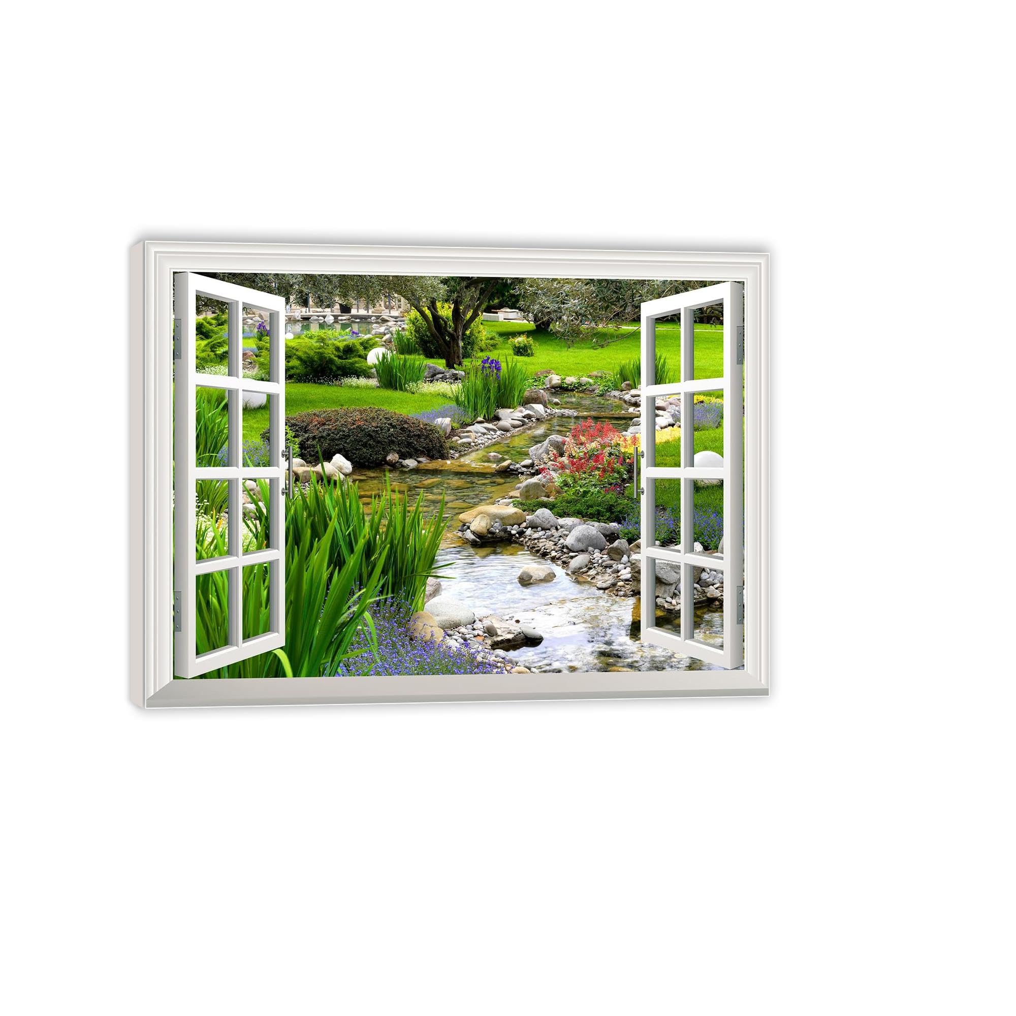 MOBYAT Gefälschte Fensterbilder,Wandbild,klarer Frühling und grünes Gras aus dem offenen Fenster,kreative Wanddekoration,105 x 70 cm (41 x 28 Zoll) Innenrahmen