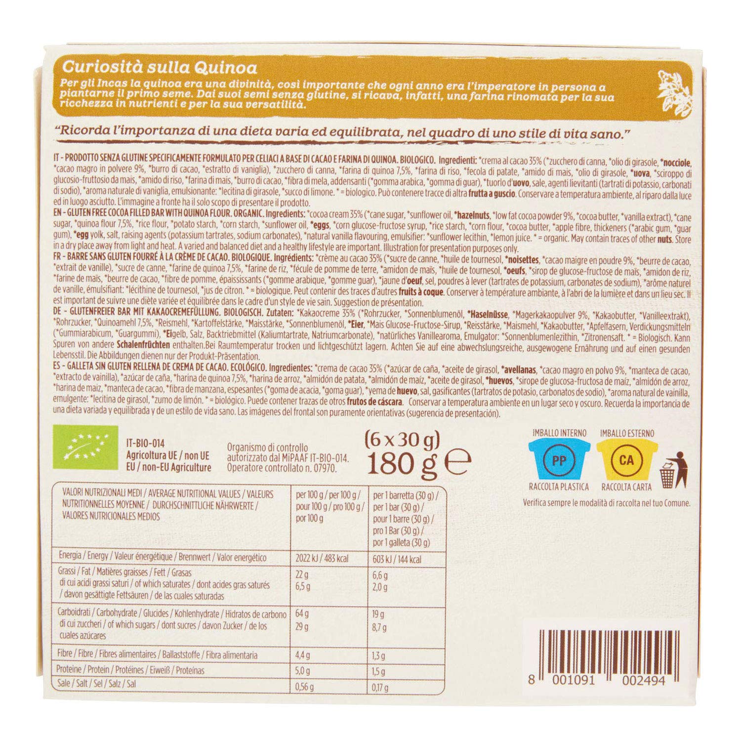 Germinal Barrita de Quínoa Rellena de Crema de Cacao sin Gluten Bio Germinal, 180g