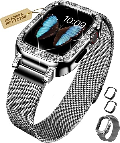 XYF Correas brillantes compatibles con Apple Watch Band de 1.575 pulgadas para mujeres con parachoques, malla de acero inoxidable, magnética, de