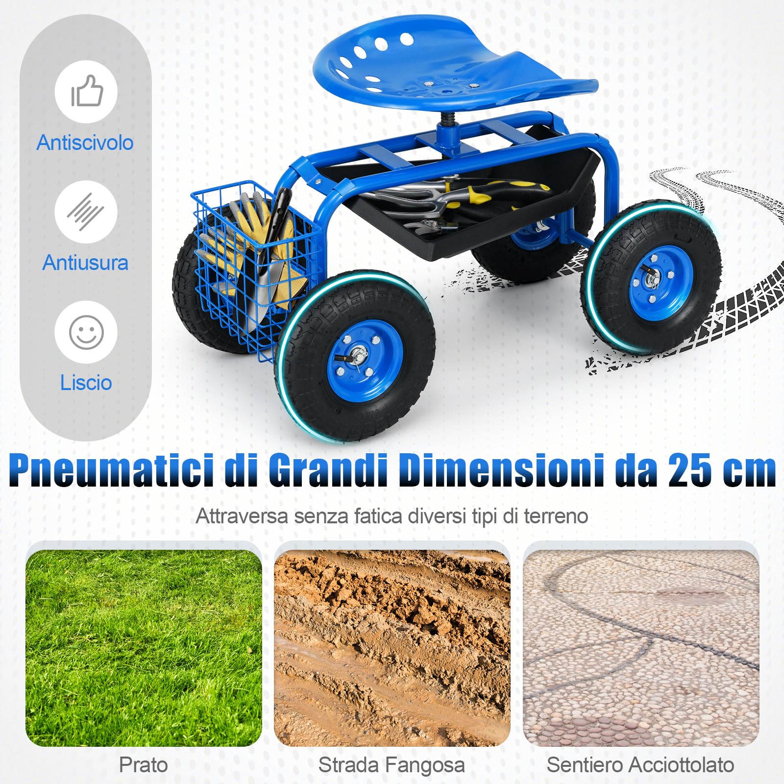 RELAX4LIFE Sgabello da Giardino per Esterno, Portata 130 kg, Sedia Carrello da Giardino con 4 Rotelline, Altezza Regolabile, Sgabello per Giardinaggio Potatura Orto (Blu)