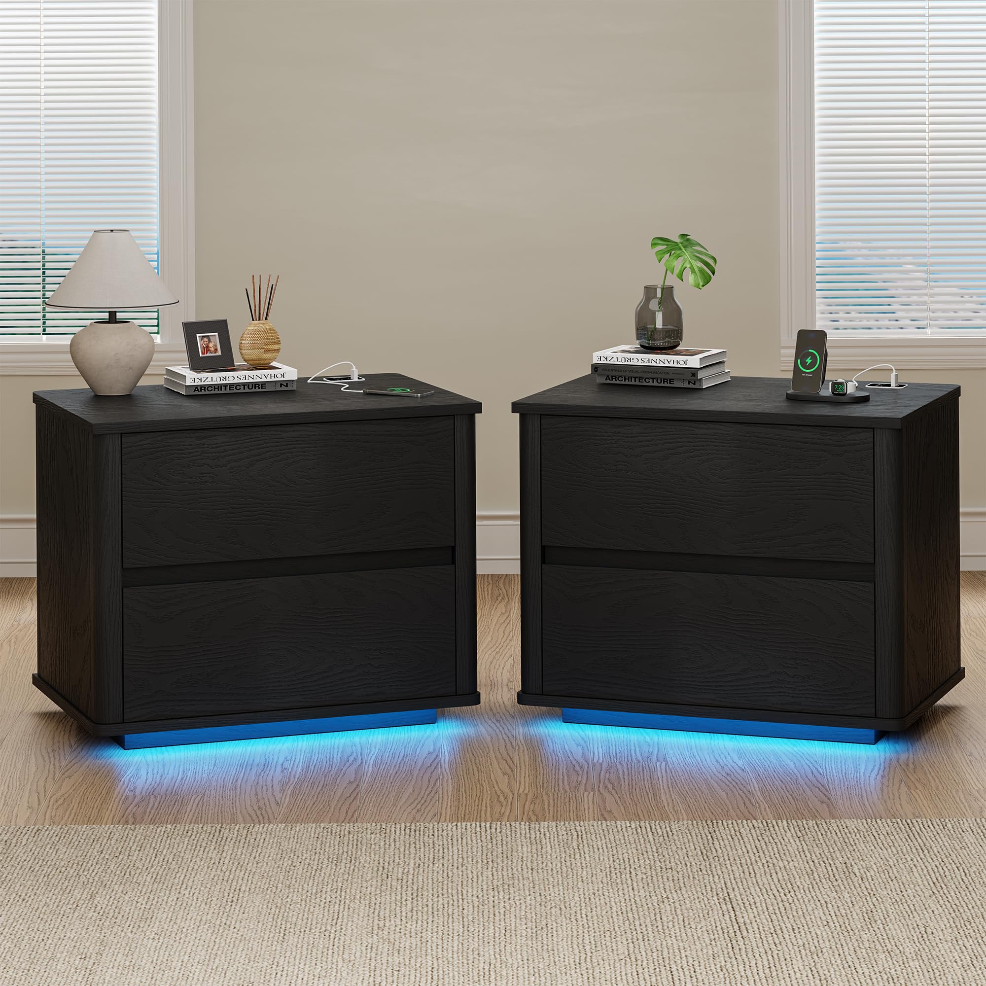 Gurexl Bedside Table with 2 Drawers and LED Lights,Modern Bedside Cabinet with Charging Station,Bed Cabinet with Rounded Corners for Living Room Bedroom Furniture Office Hotel Dormitory