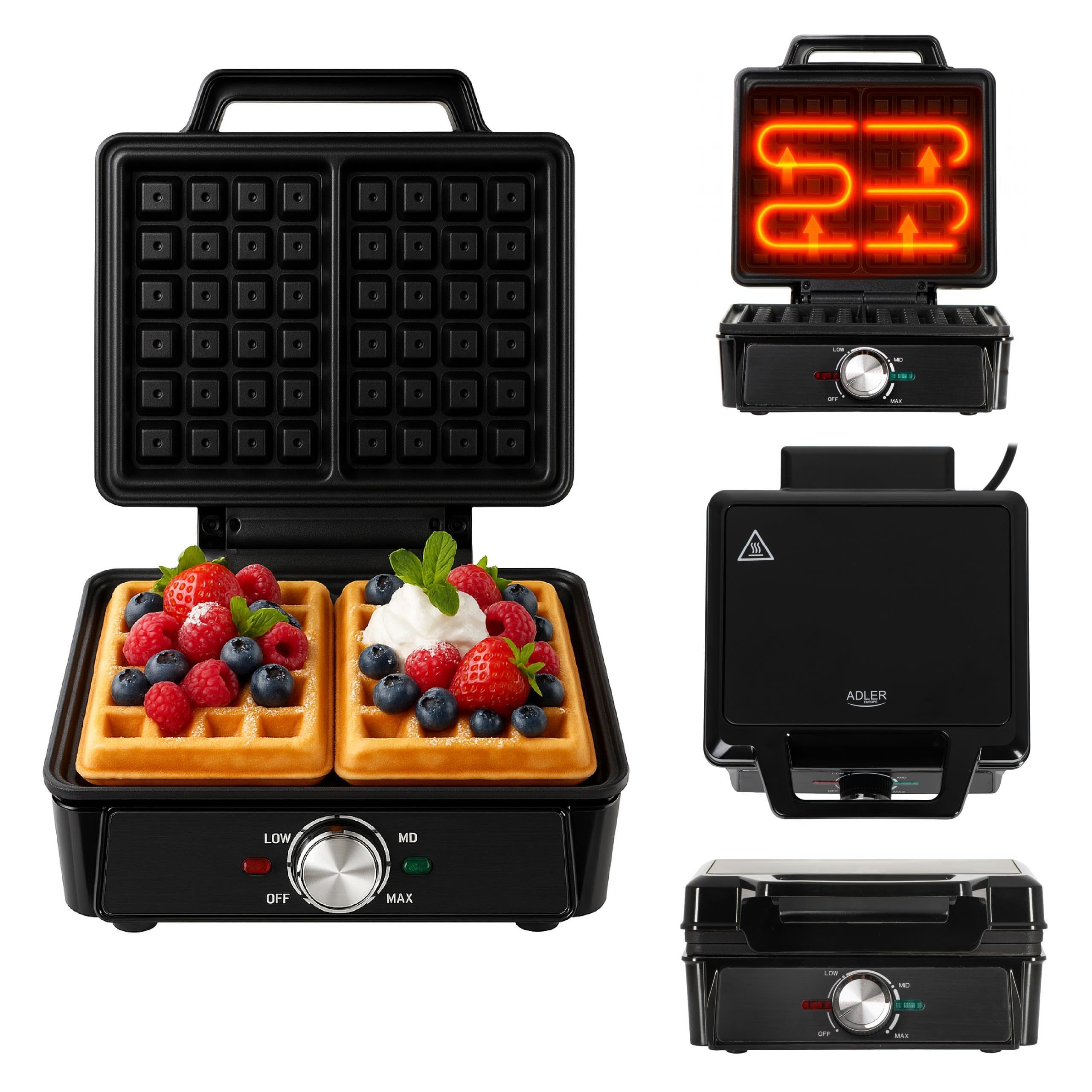 ADLER EUROPE Waffeleisen Belgische Waffel – Doppelwaffeleisen mit Temperaturregelung – 2000W Waffelautomat – Antihaftbeschichtung und Wärmeisolierter Griff - Tief-Heizplatten 9cm x 14,5cm