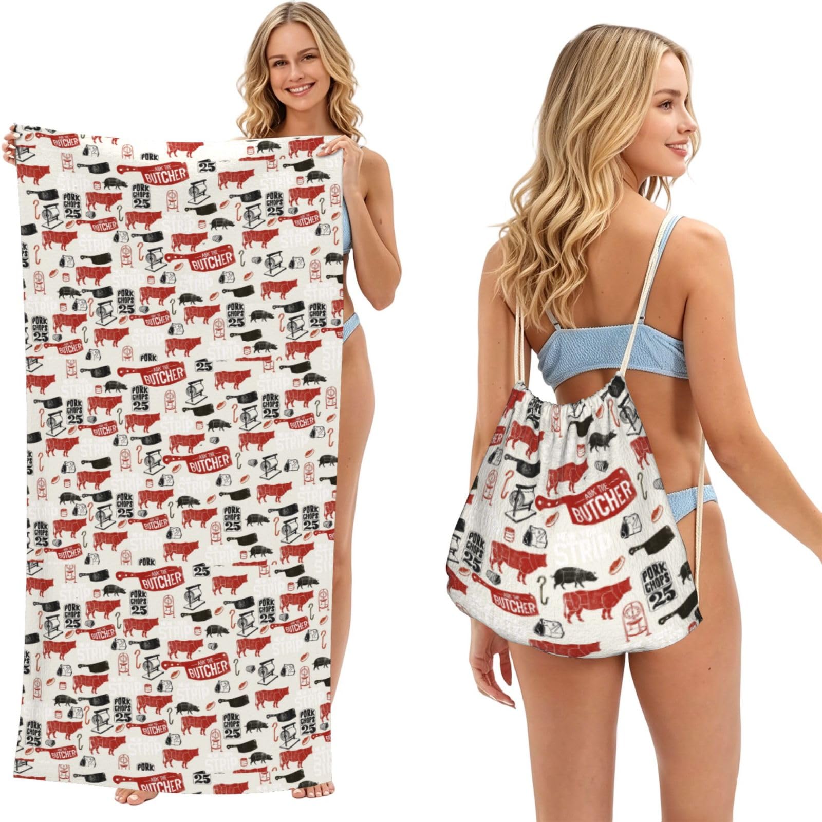 Poadnly As Picture Meat Butcher Pattern, 2 In 1 Packable Towel Bag, Beach Towels With Drawstring Backpack For Travel Holiday Camping