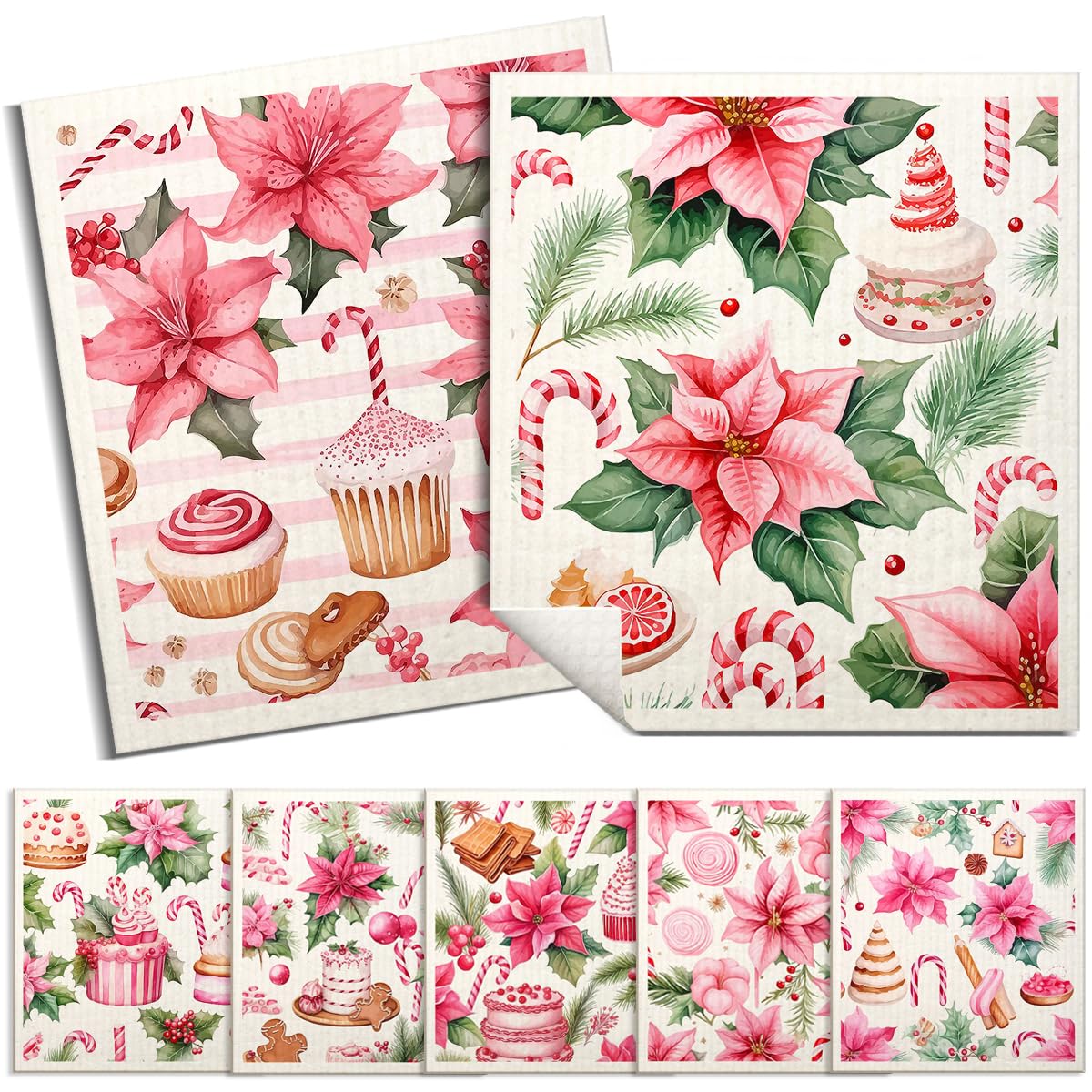 Spunspon 6 Pack Swedish Dishcloths for Kitchen |Watercolor Dish Towels | Reusable Paper Towels Washable | Non-Scratch Cellulose Sponge Cloths | No Odor, Biodegradable, Swedish Cloths, Pink Flower — image 1