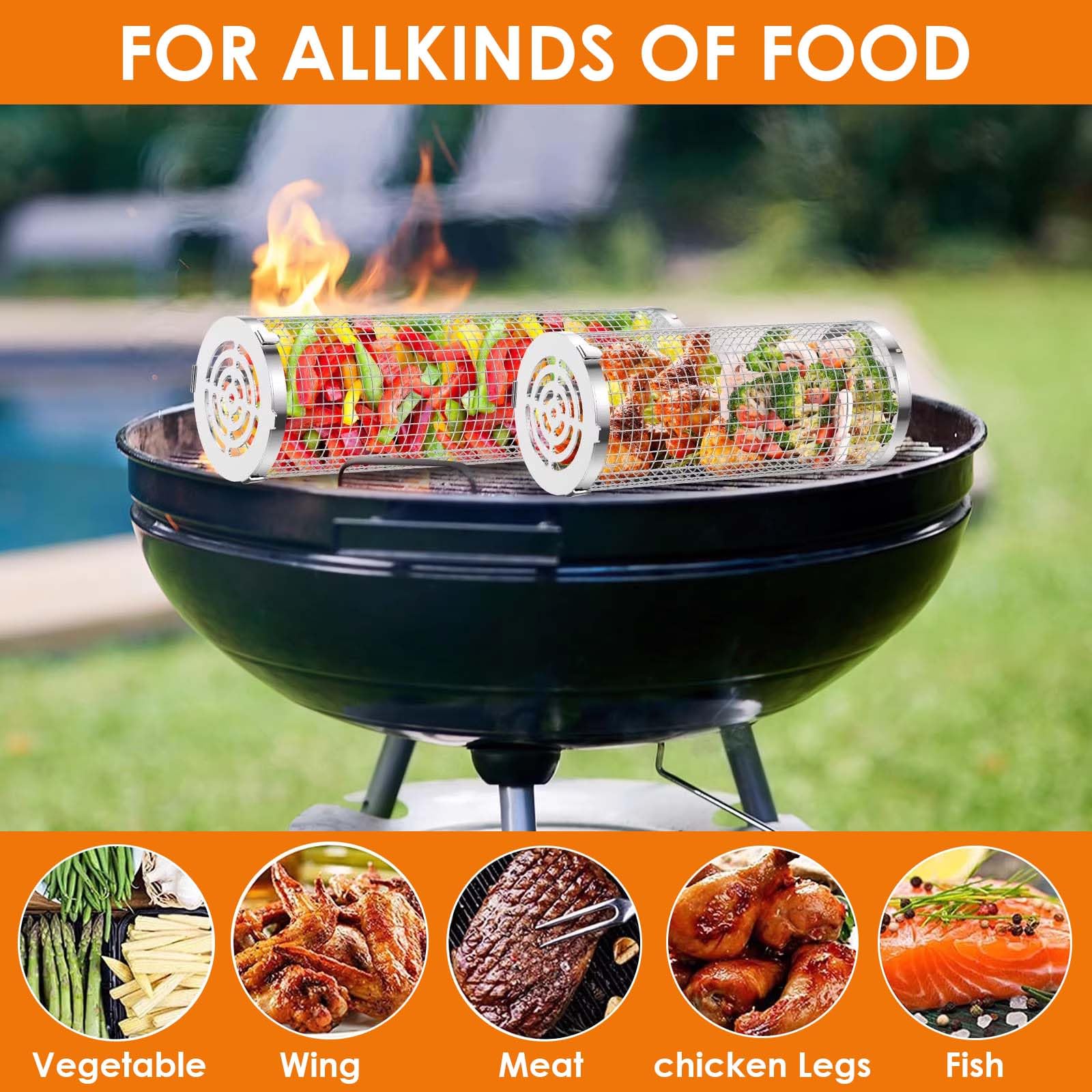 Grilloir en Acier Inoxydable 2 Pièces, Panier de Grillade Tournant Cylindrique avec Poignée en Bois Amovible - Accessoire BBQ pour Grill Extérieur, Camping - Légumes, Poisson, Viande, Fruits de Mer