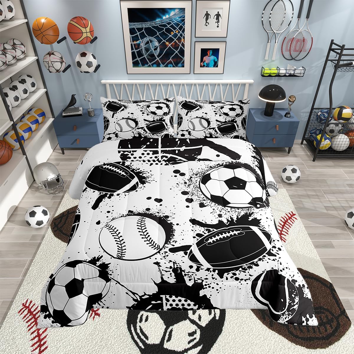 Baseball Comforter,Football Basketball Bedding Set for Kids Boys,Ball Sports Comforter Set,Hip Hop Grunge Graffiti Artwork Bedding Decor,Black and White Duvet Set Full Size,Gift for Boys Teens - Image 6