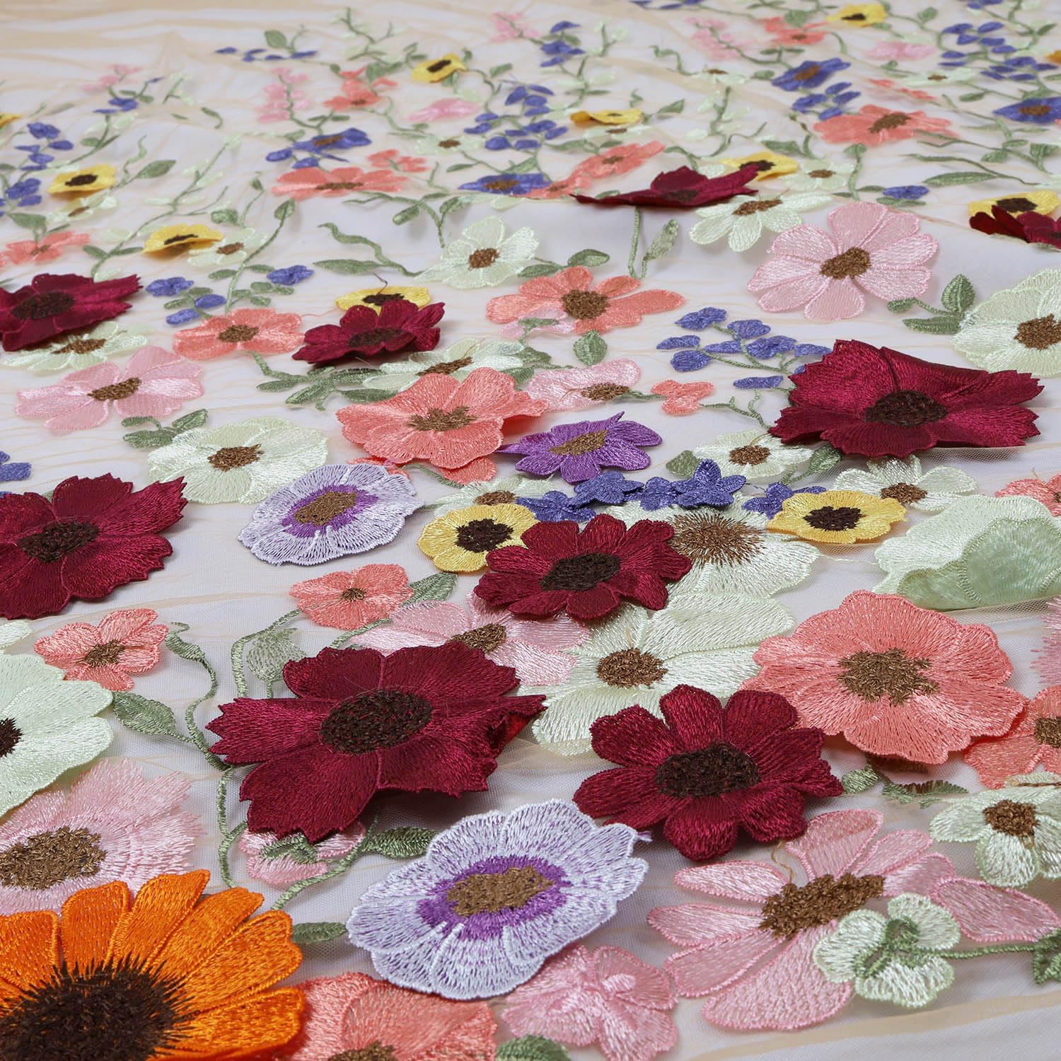 Multicolor 3D Flowers Heavy Embroidery Lace Floral Fabric for Sewing Dresses (Beige Background, 2 Yards)