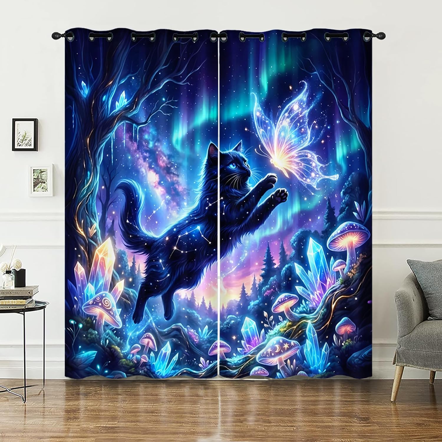 AILONEN Black Cat Decorative Curtains,Aurora Starry Galaxy Kitten Window Treatments 2 Panels Set,Fantasy Forest Mushroom Crystal Drapes for Kids, 38" W x 54" H