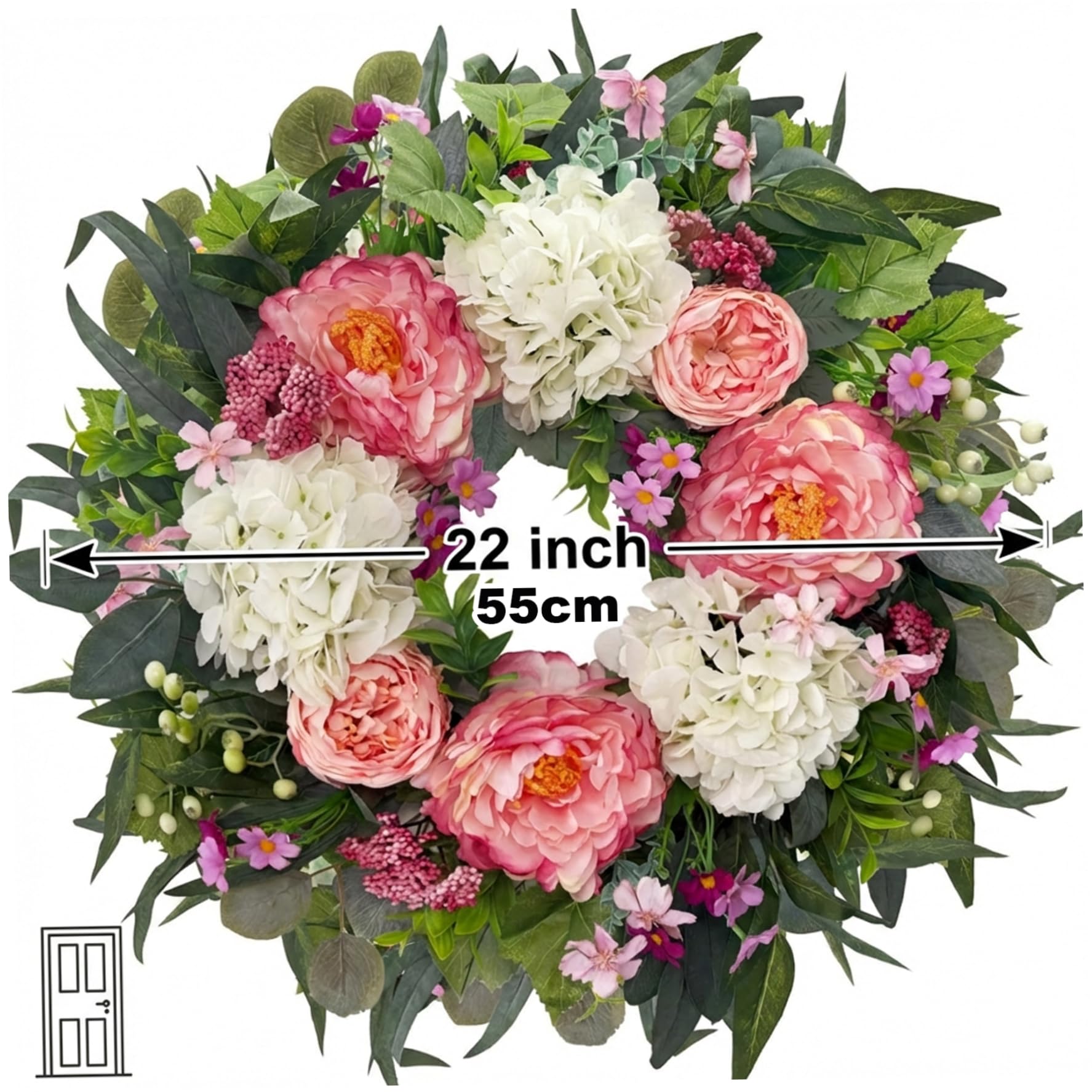 Frühlingskranz, 55, 9 cm, Hortensien und Pfingstrosen, Blumenkranz für die Haustür, handgefertigt, Elegante Willkommenskränze für draußen und drinnen