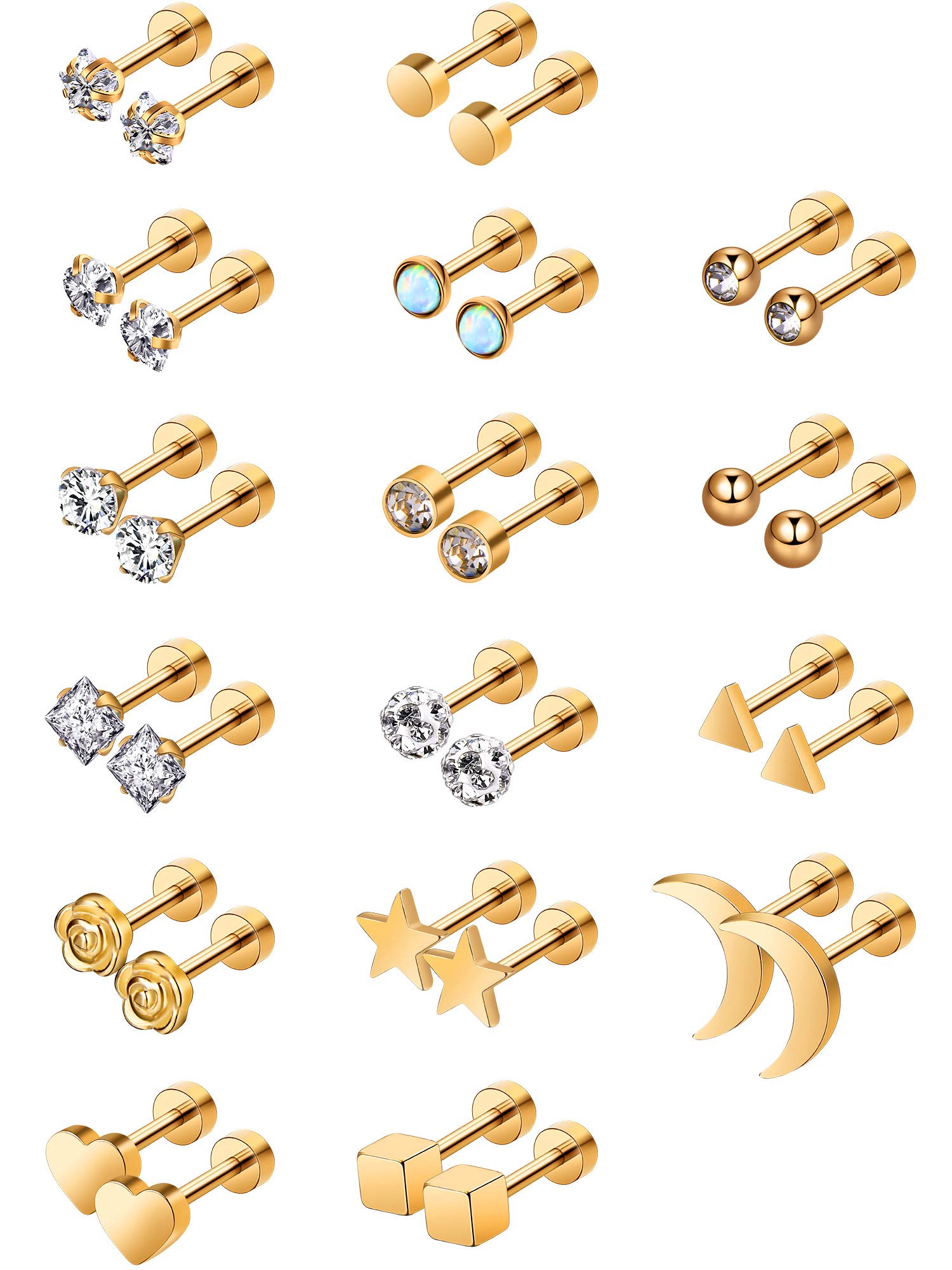 HicarerAretes de Acero Inoxidable Pendientes de Botón de Barra con Pesas de Tragus Cartílago Piercings de Tornillo de Oreja CZ de Incrustado de Diamante de Imitación, 16Pares (Oro)