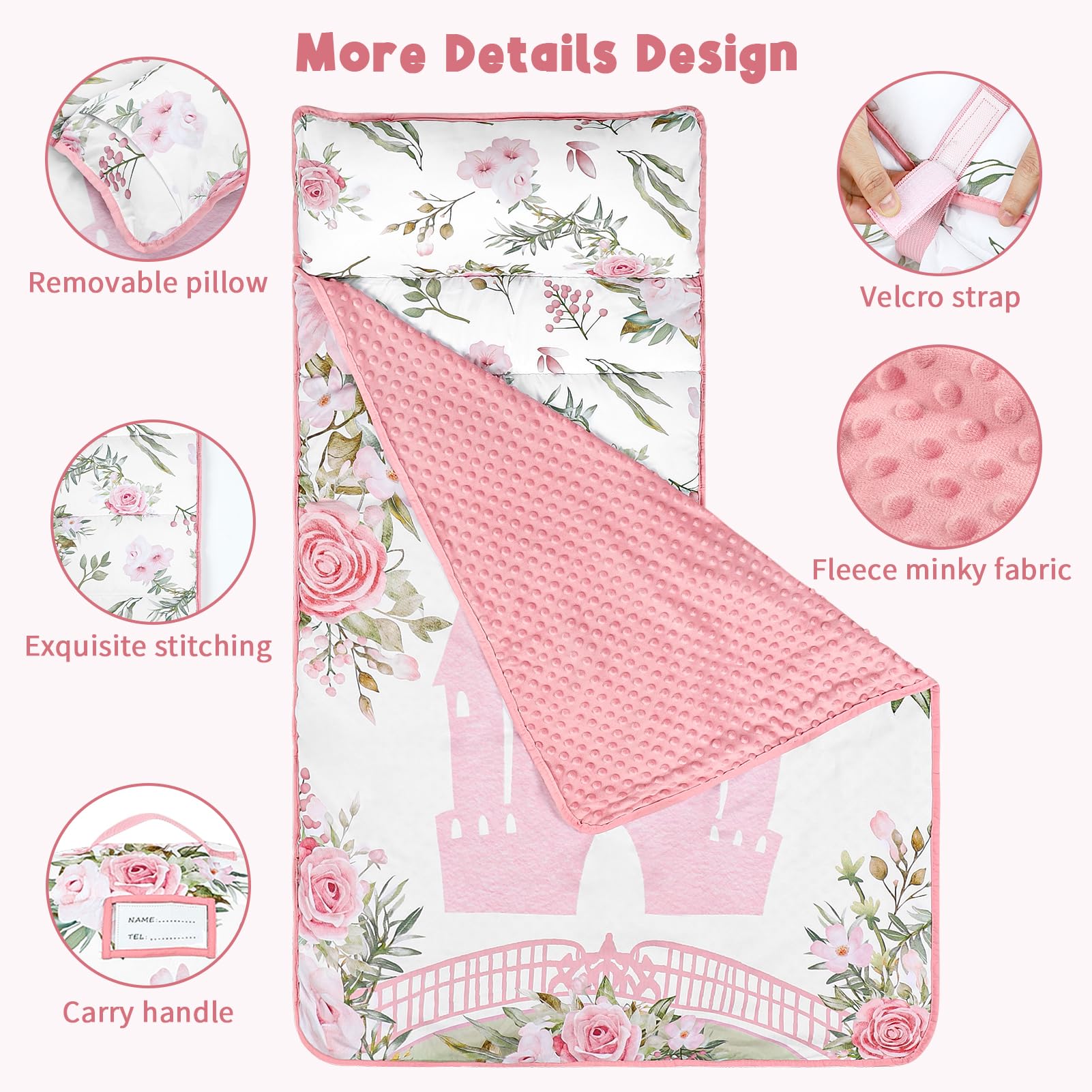 TANOFAR Toddler Nap Mat with Pillow and Plush Blanket, Ultra Soft Toddler Sleeping Mat for Boys Girls, Thickened Extra Large Kids Nap Mat Fits Ages 2-6 Years (Pink Castle)
