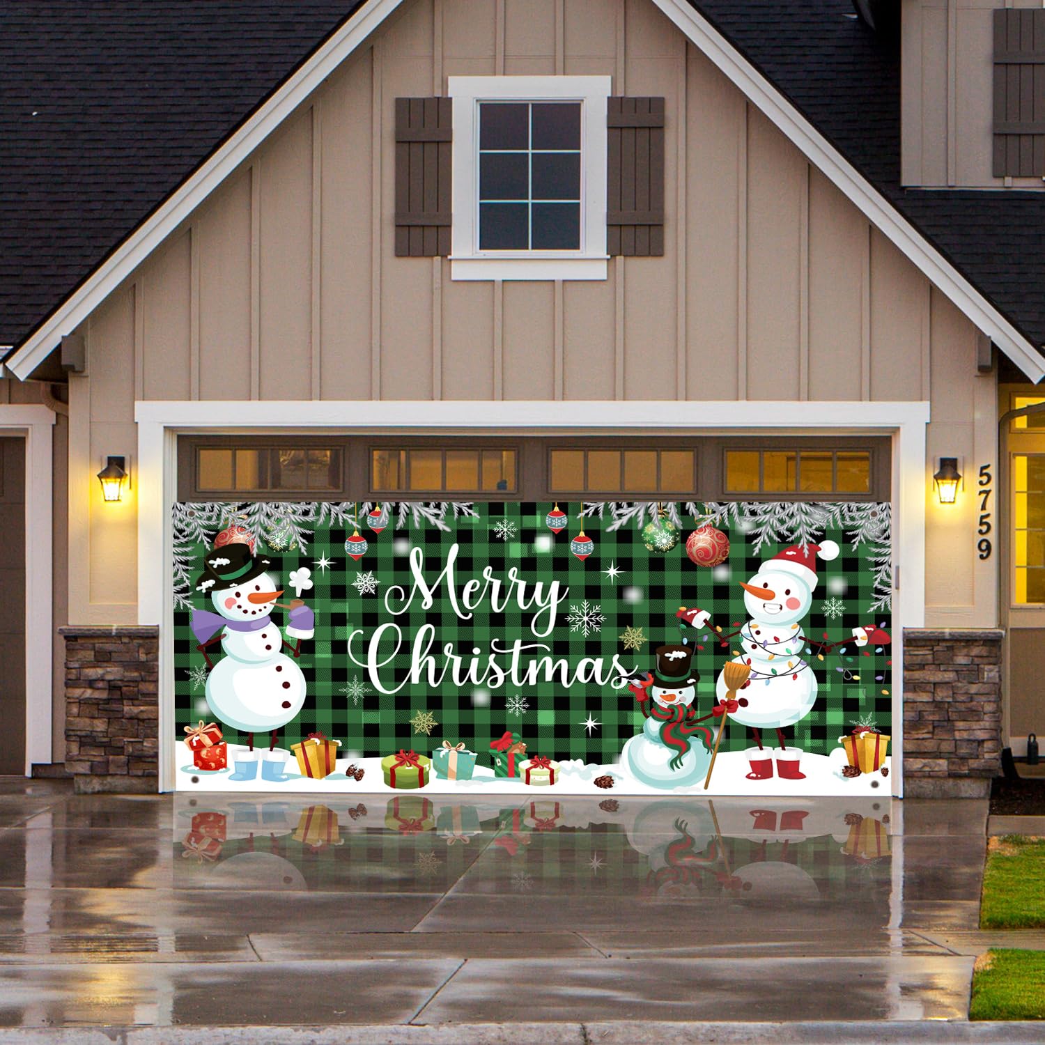 Pancarta Navideña Grande para Puerta de Garaje, 1,8x4m Merry Christmas Fondo Navideño Extra Grande Pancarta Navideña para Exteriores Cuadros Verdes Muñeco de Nieve Decoración para Fiesta