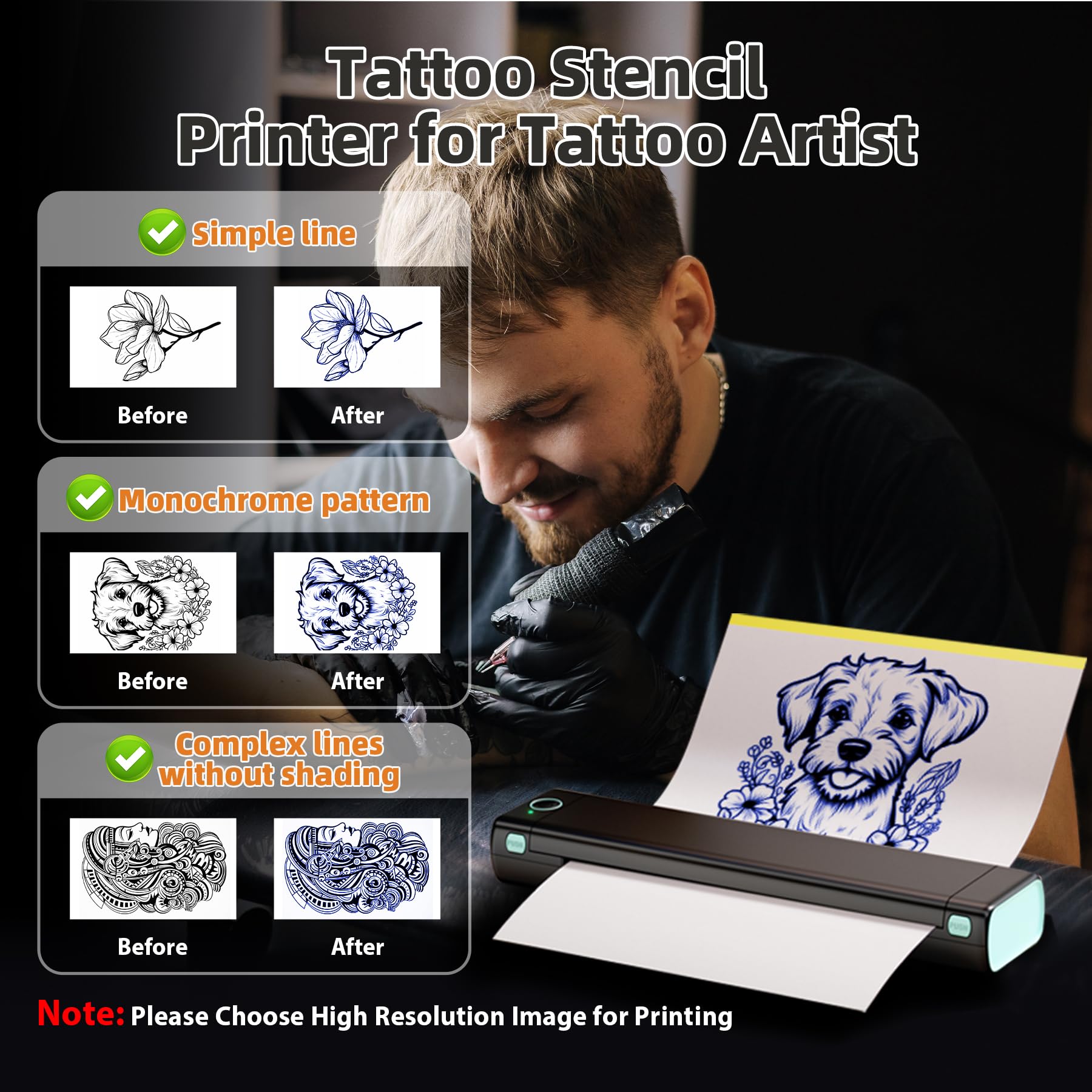 M08F Tattoo Drucker, Stencil Drucker Tattoo Transfer, mit 10 Blatt Tattoo Transfer Papier für Tattoo Künstler, Thermodrucker Tattoo Bluetooth Kompatibel mit Telefon, Tablet und Laptop