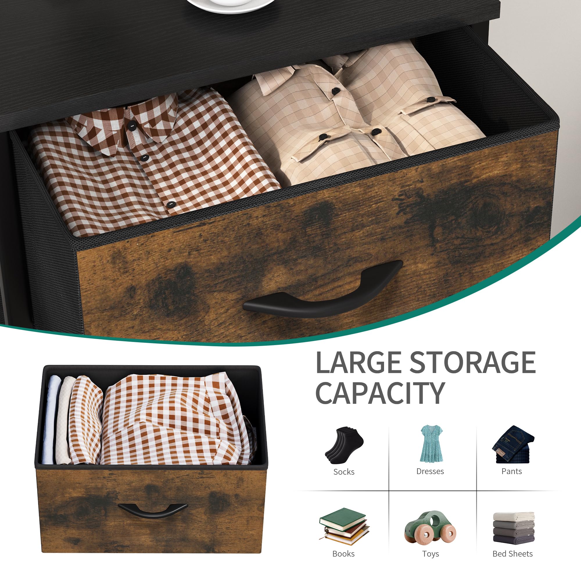 YITAHOME Commode pour Chambre à Coucher, Commode à 5 Tiroirs en Tissu Meuble de Rangement avec Dessus en Bois et Grand Espace de Rangement Chambre à Coucher, Salon, Chambre d'enfant, Rouille Brun